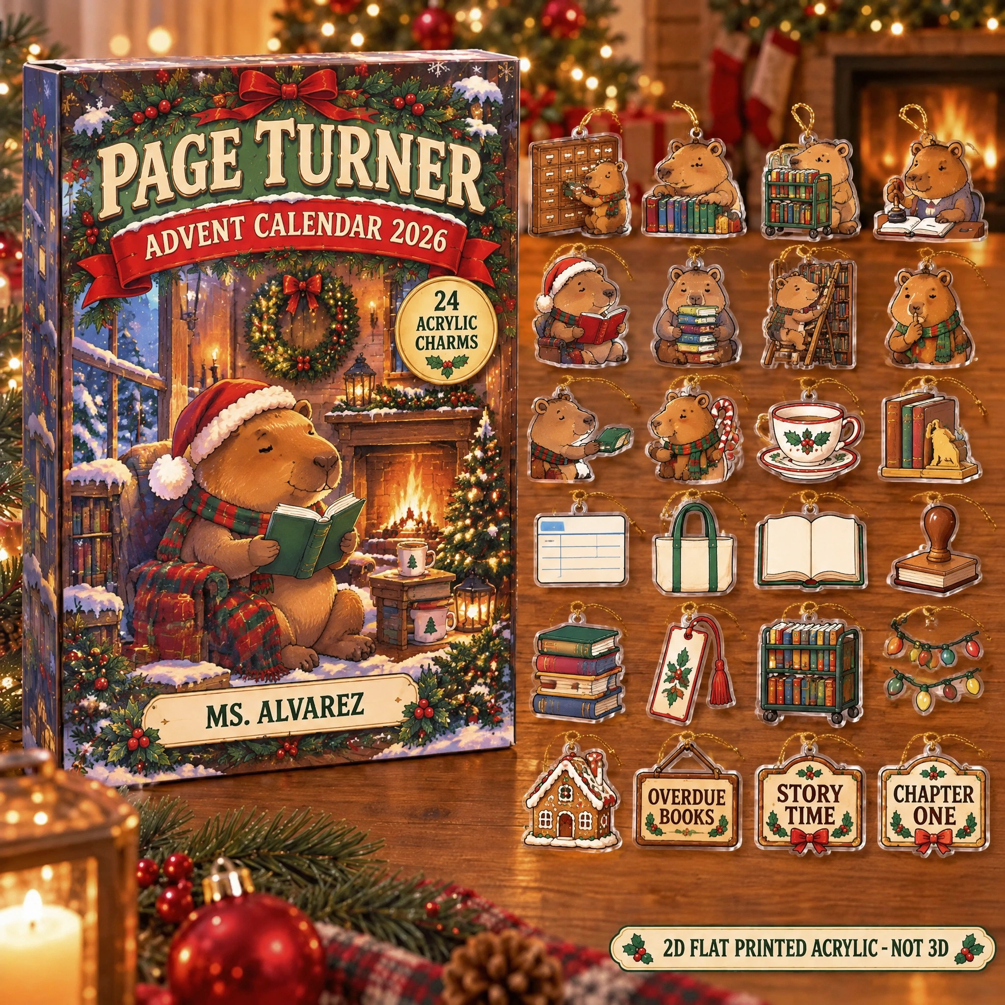 Personalized Librarian Capybara advent calendar box with 24 flat acrylic Christmas charms
