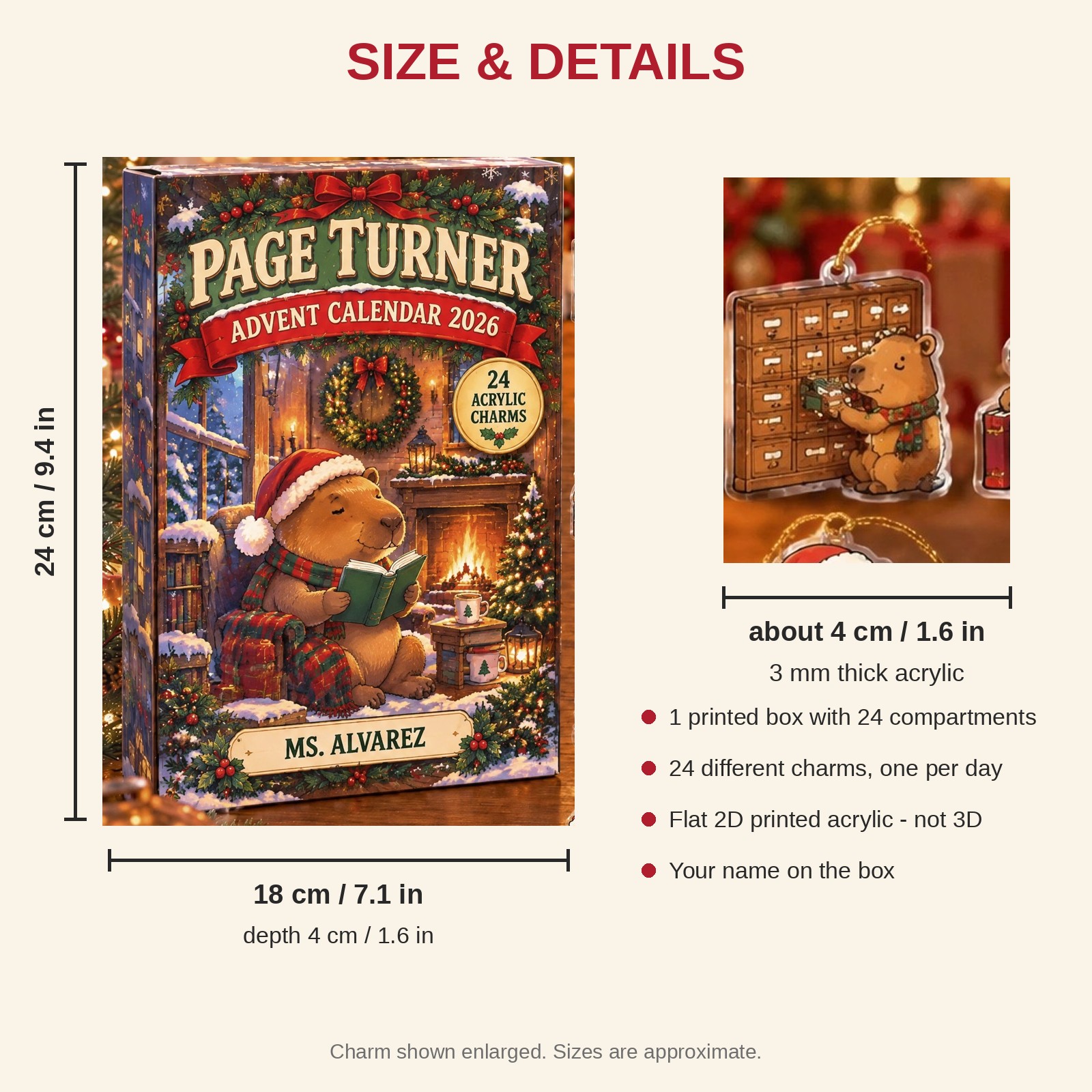 Personalized Librarian Capybara advent calendar box with 24 flat acrylic Christmas charms: box and charm sizes