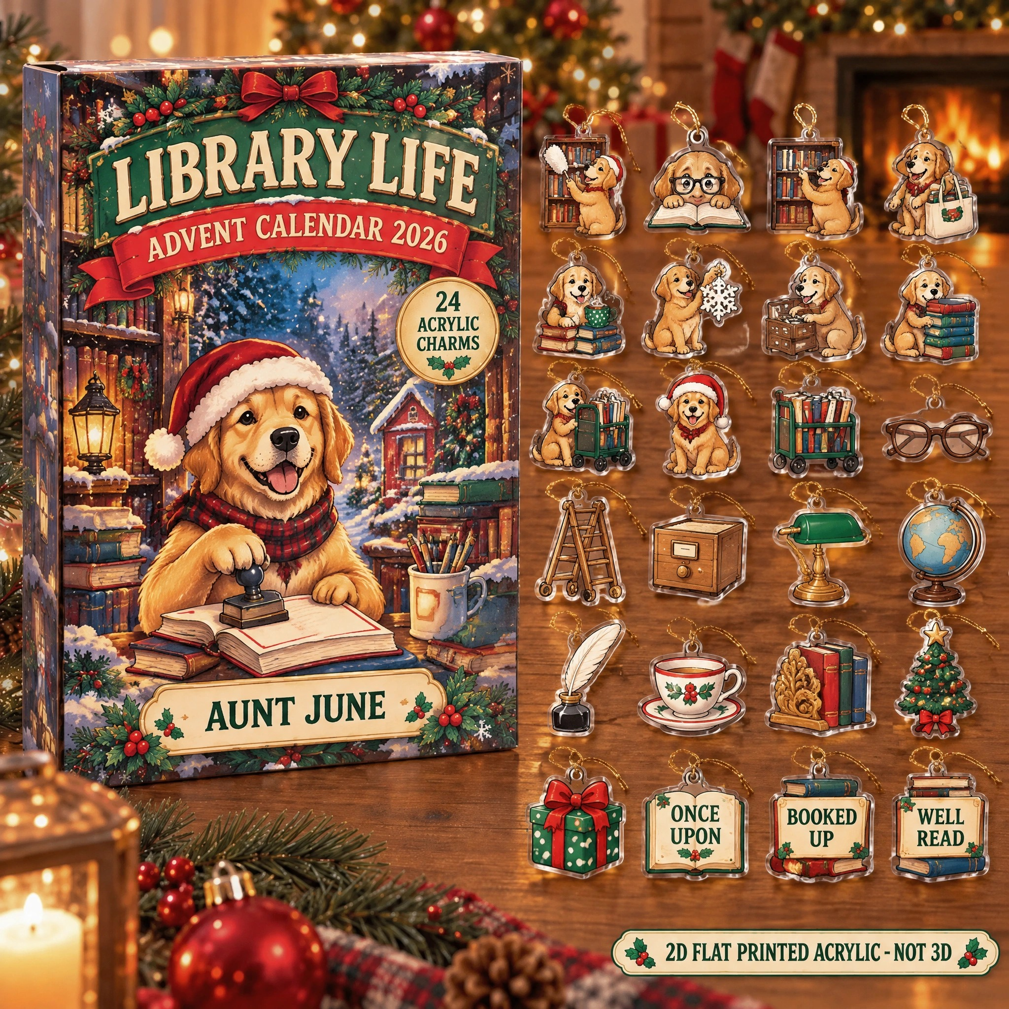 Personalized Librarian Dog advent calendar box with 24 flat acrylic Christmas charms
