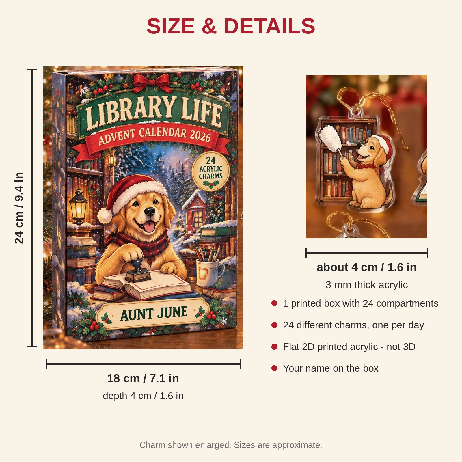 Personalized Librarian Dog advent calendar box with 24 flat acrylic Christmas charms: box and charm sizes