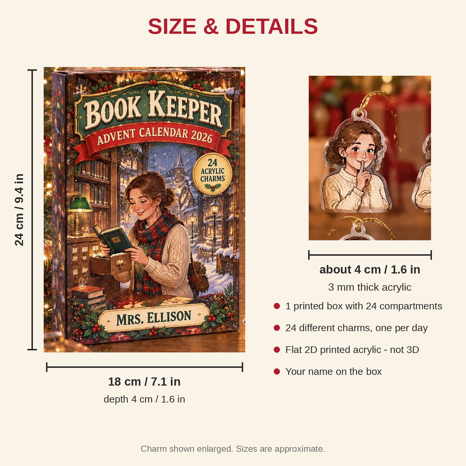 Personalized Librarian Essentials advent calendar box with 24 flat acrylic Christmas charms: box and charm sizes