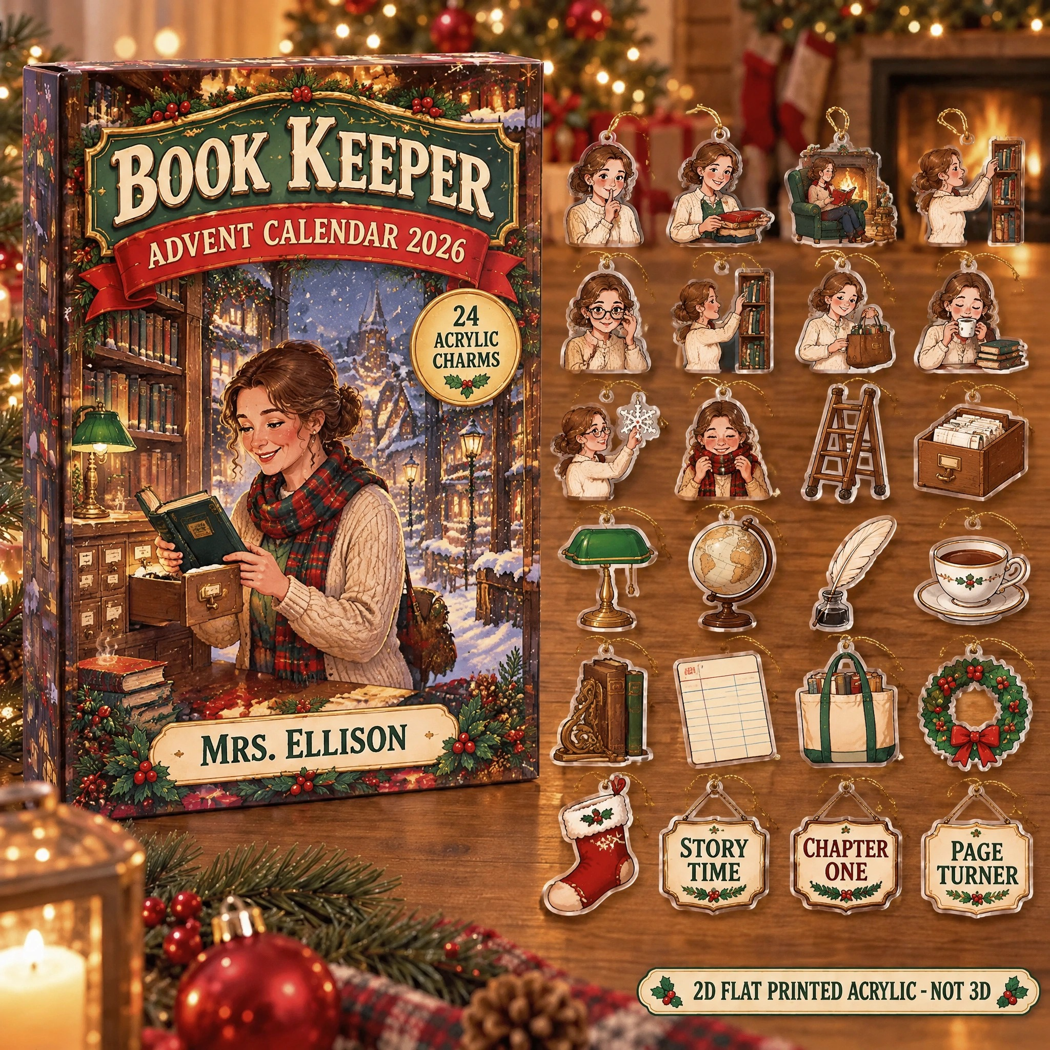 Personalized Librarian Essentials advent calendar box with 24 flat acrylic Christmas charms