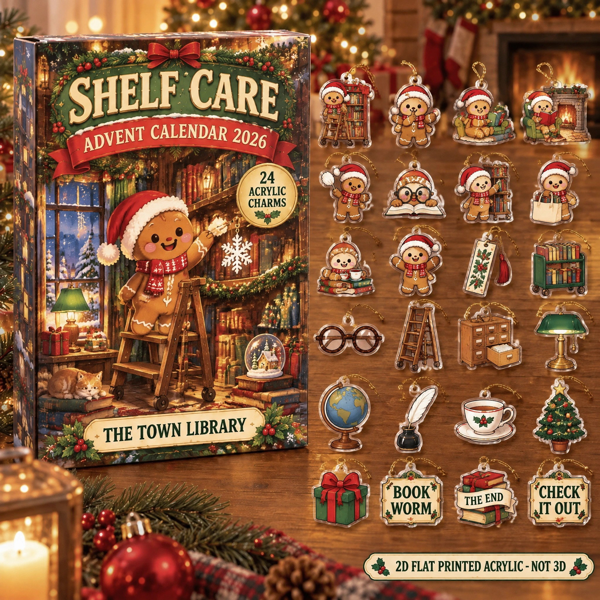 Personalized Librarian Gingerbread advent calendar box with 24 flat acrylic Christmas charms