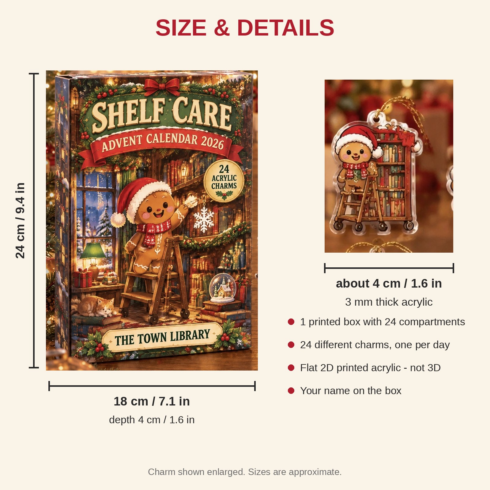 Personalized Librarian Gingerbread advent calendar box with 24 flat acrylic Christmas charms: box and charm sizes