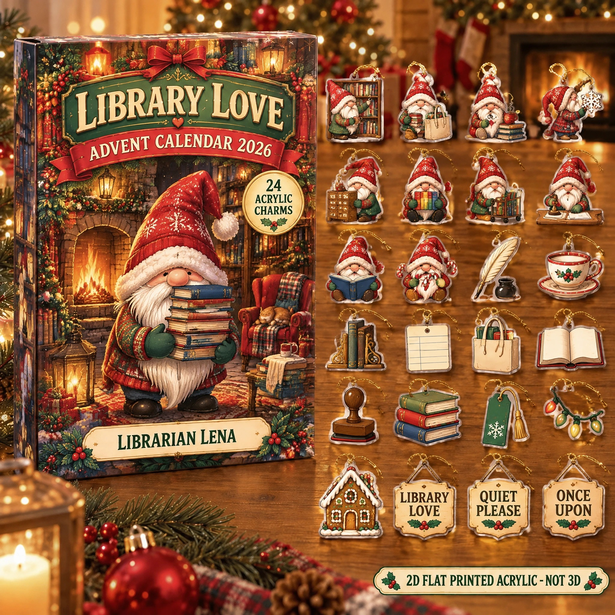 Personalized Librarian Gnome advent calendar box with 24 flat acrylic Christmas charms