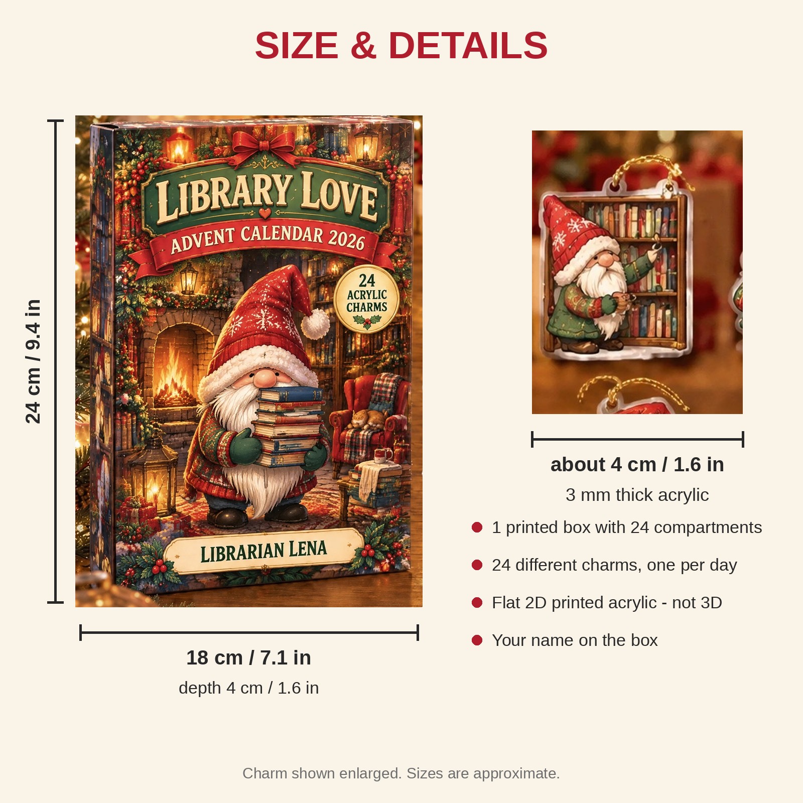 Personalized Librarian Gnome advent calendar box with 24 flat acrylic Christmas charms: box and charm sizes