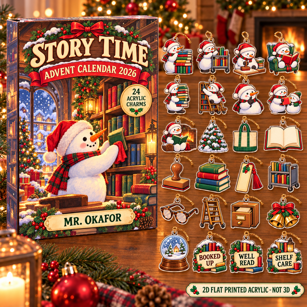 Personalized Librarian Snowman advent calendar box with 24 flat acrylic Christmas charms