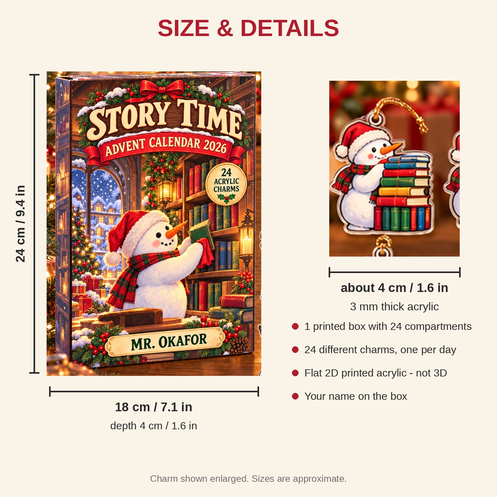 Personalized Librarian Snowman advent calendar box with 24 flat acrylic Christmas charms: box and charm sizes