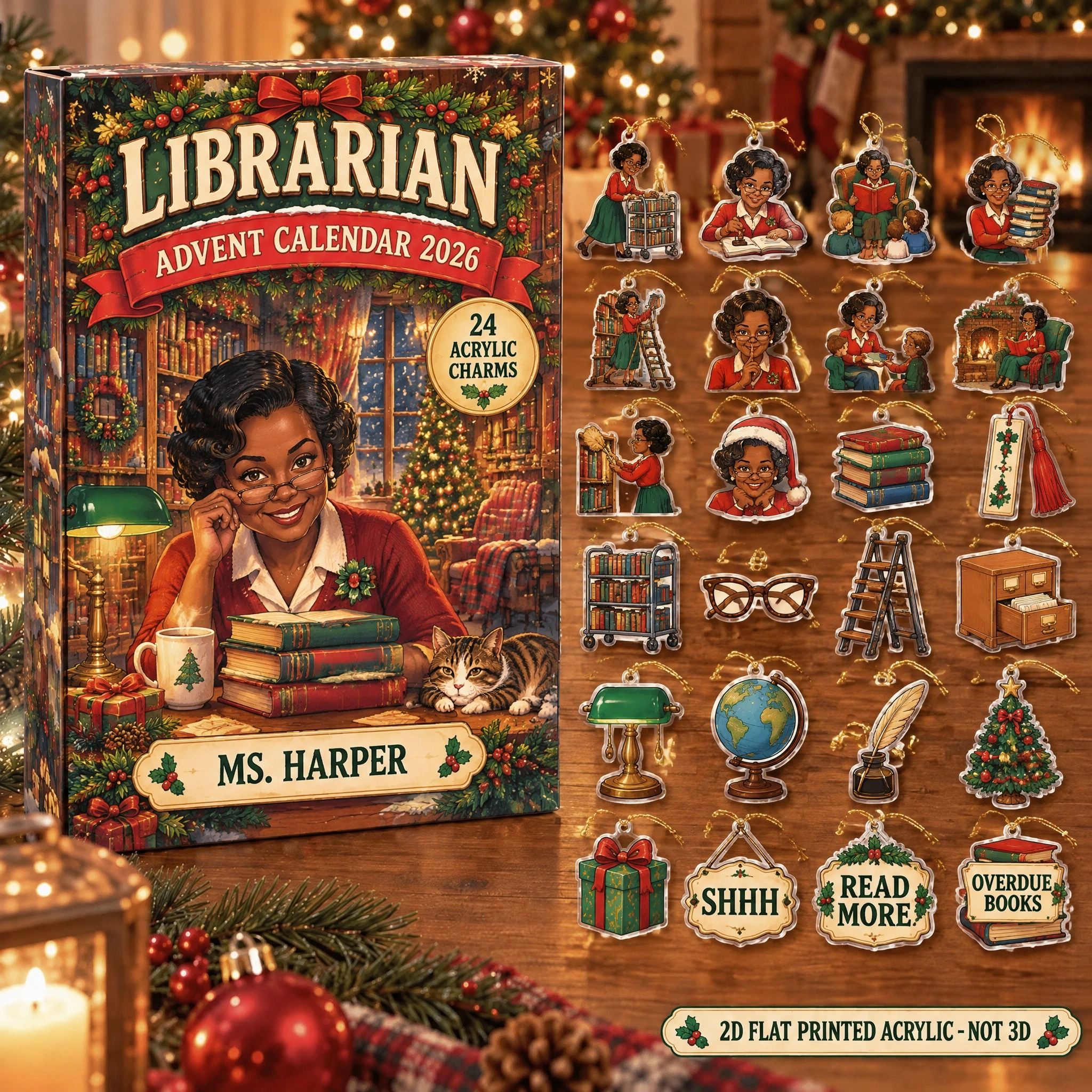 Personalized Retro Librarian advent calendar box with 24 flat acrylic Christmas charms