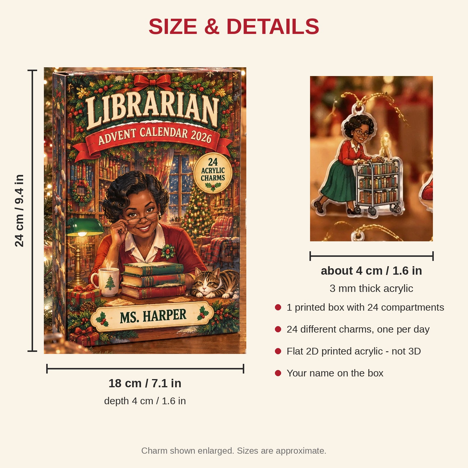 Personalized Retro Librarian advent calendar box with 24 flat acrylic Christmas charms: box and charm sizes