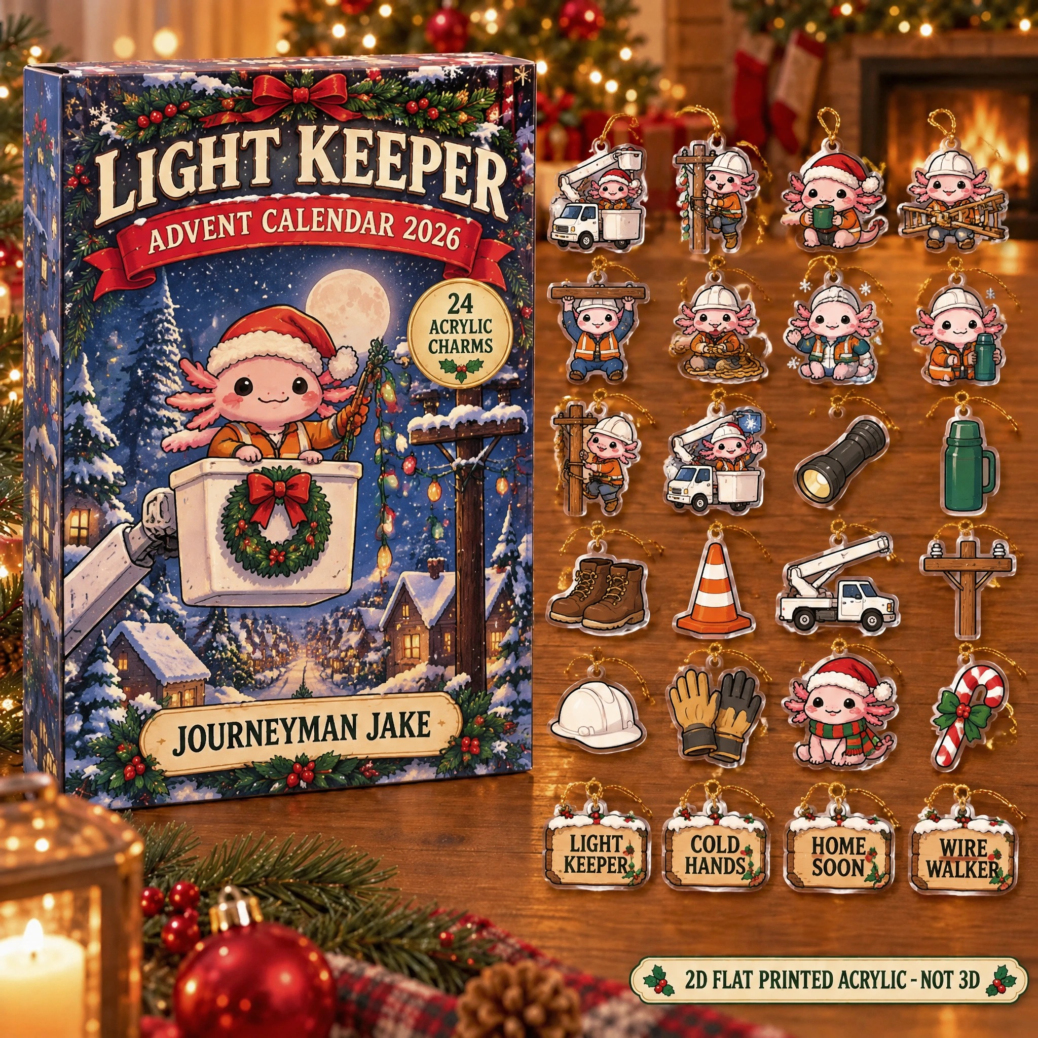 Personalized Lineman Axolotl advent calendar box with 24 flat acrylic Christmas charms