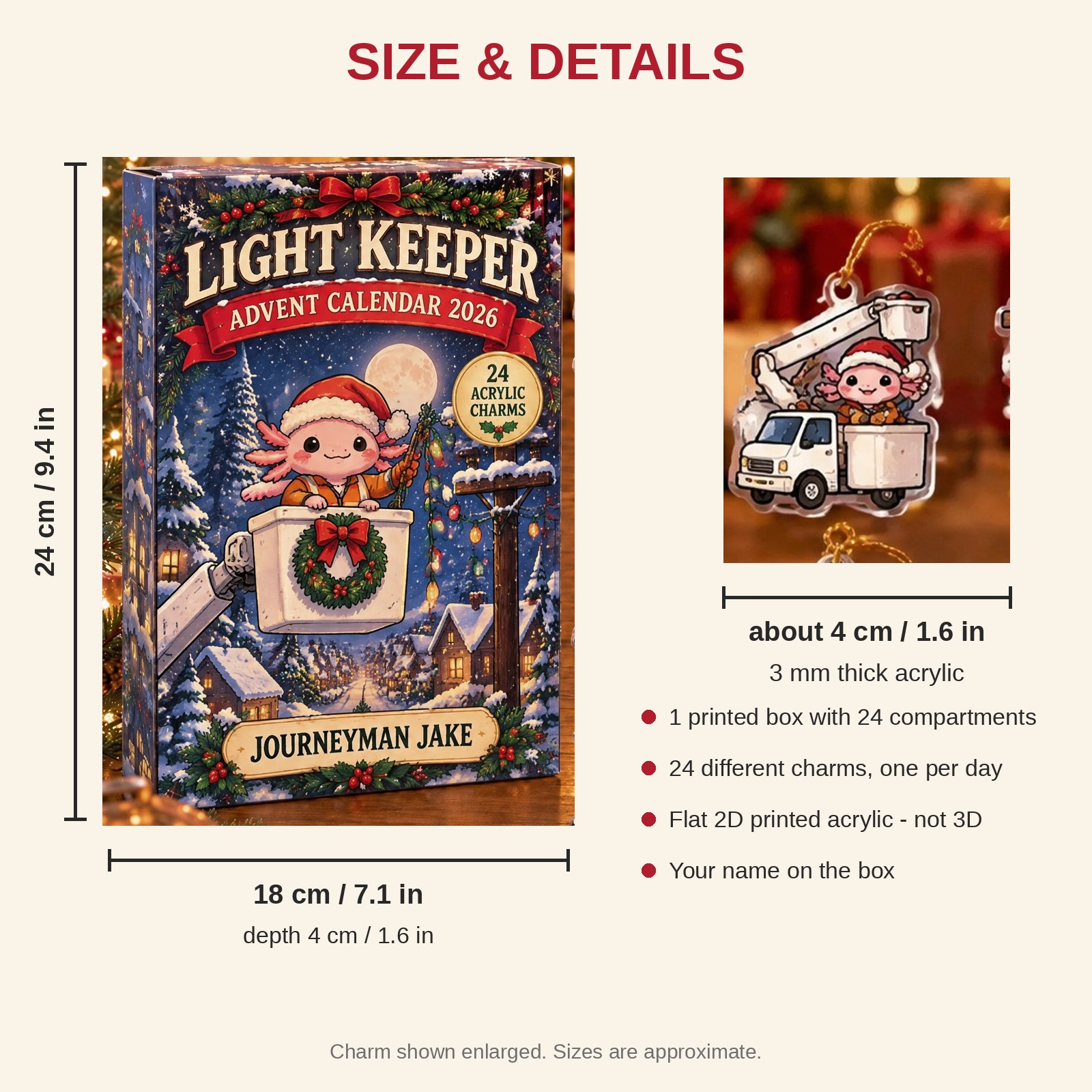 Personalized Lineman Axolotl advent calendar box with 24 flat acrylic Christmas charms: box and charm sizes