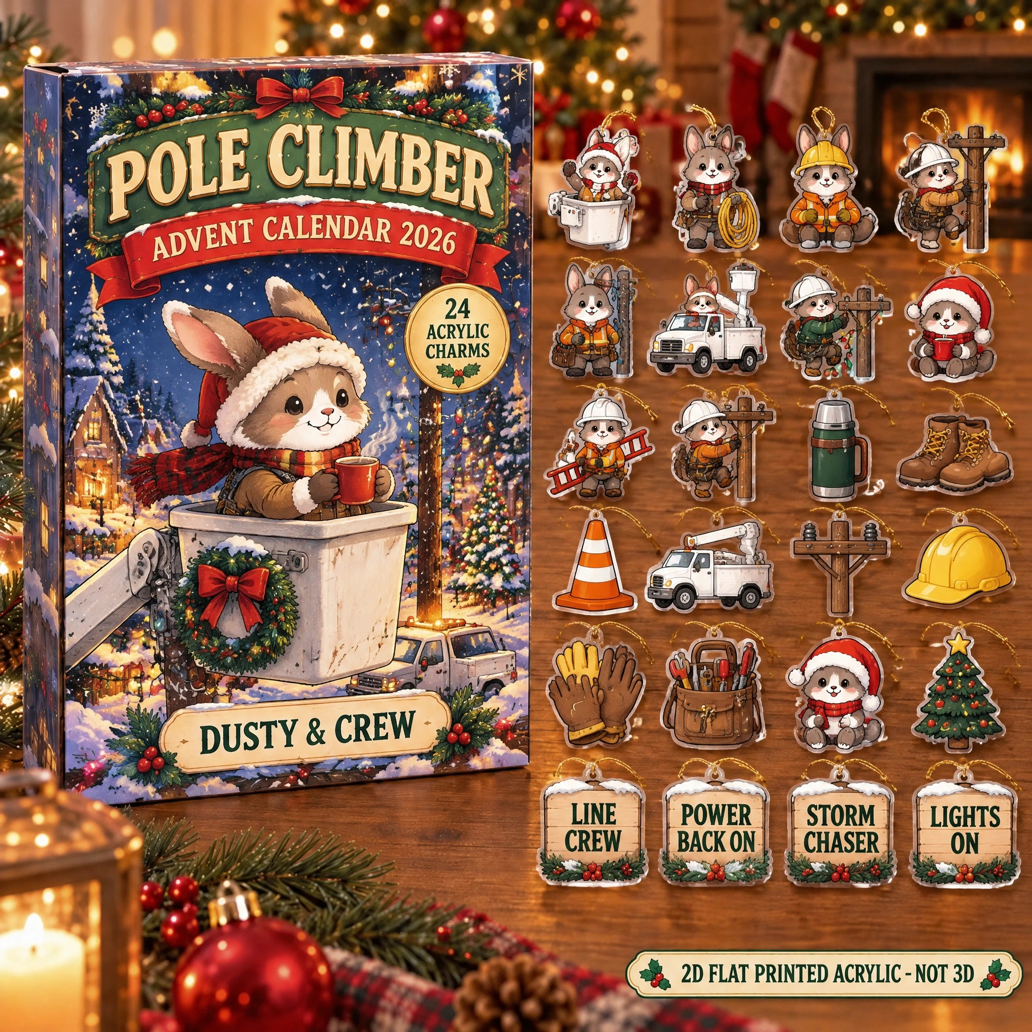 Personalized Lineman Bunny advent calendar box with 24 flat acrylic Christmas charms