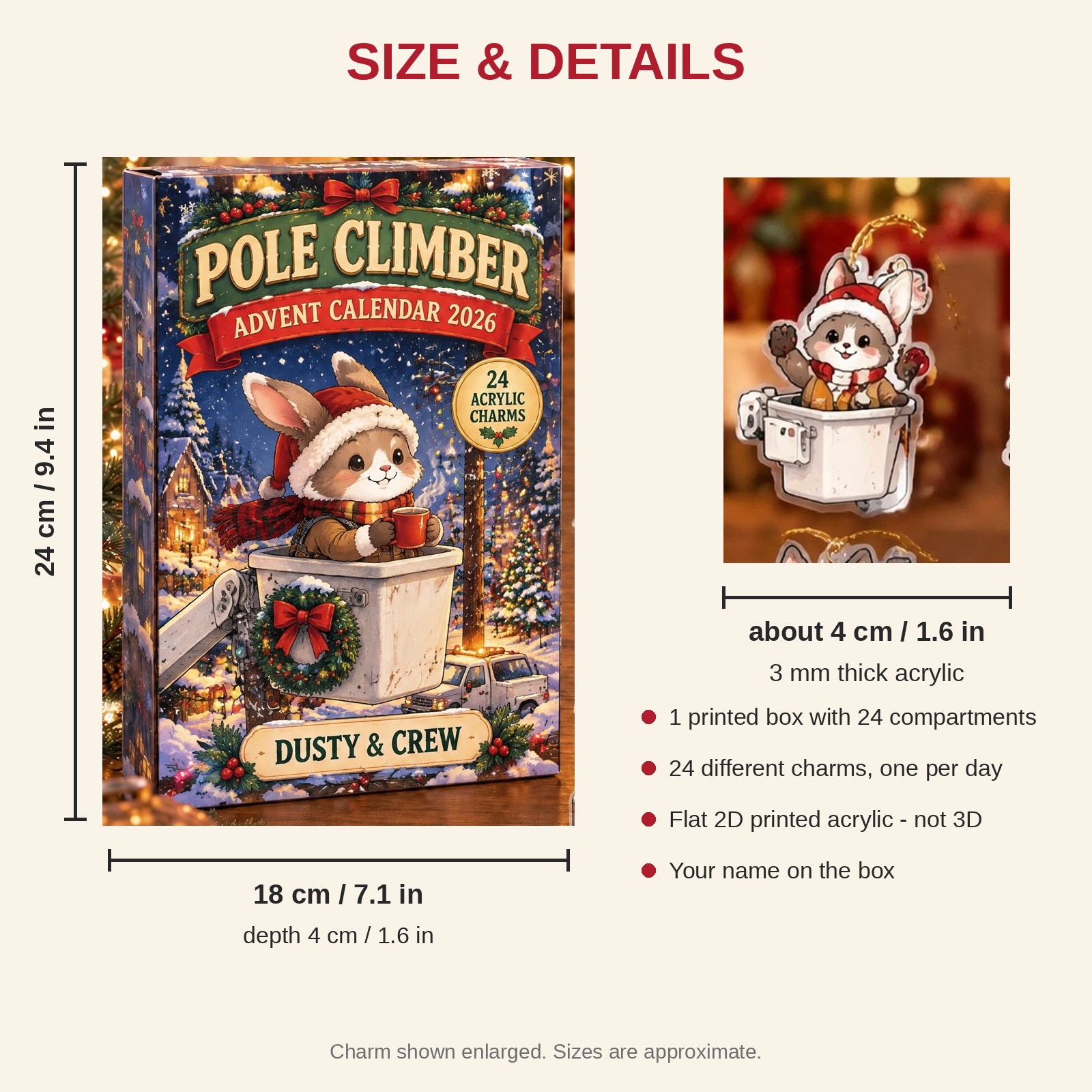 Personalized Lineman Bunny advent calendar box with 24 flat acrylic Christmas charms: box and charm sizes