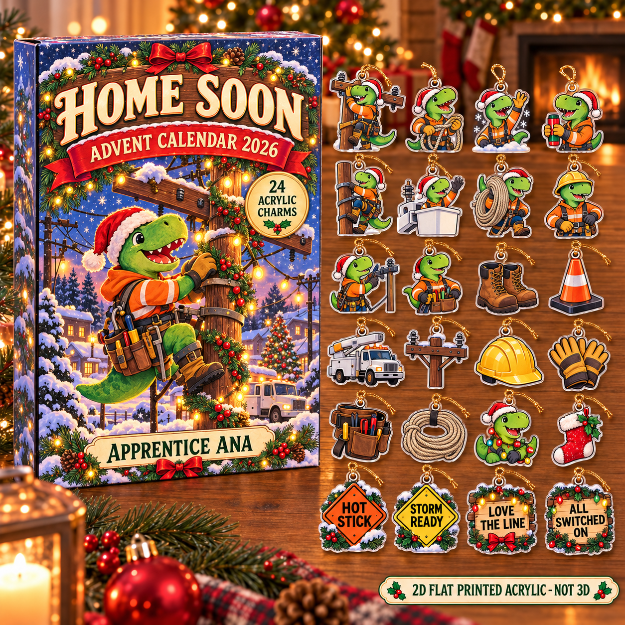 Personalized Lineman Dinosaur advent calendar box with 24 flat acrylic Christmas charms