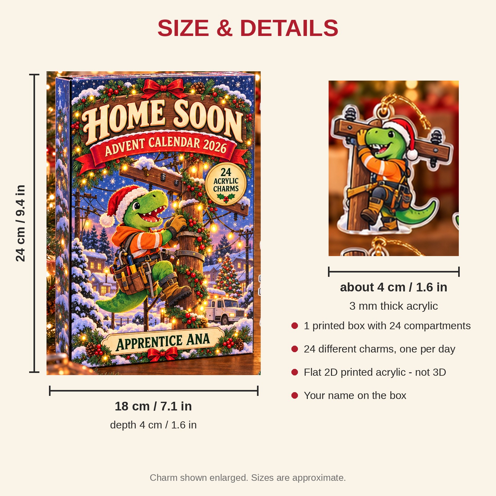 Personalized Lineman Dinosaur advent calendar box with 24 flat acrylic Christmas charms: box and charm sizes