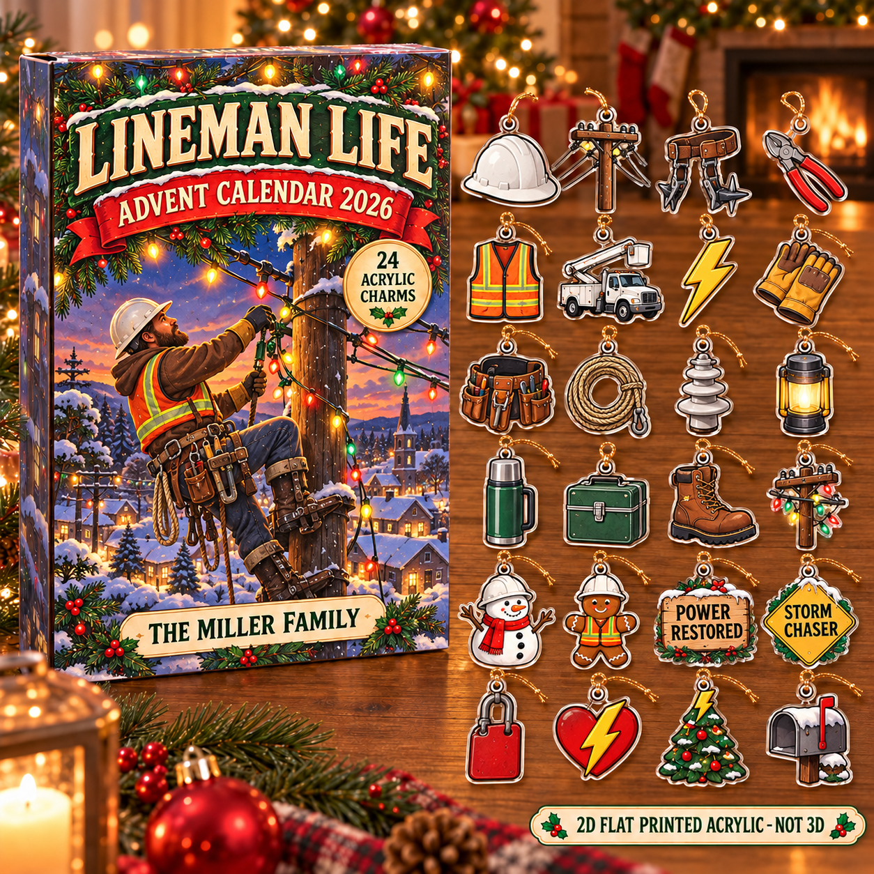 Personalized lineman advent calendar box with 24 flat acrylic Christmas charms