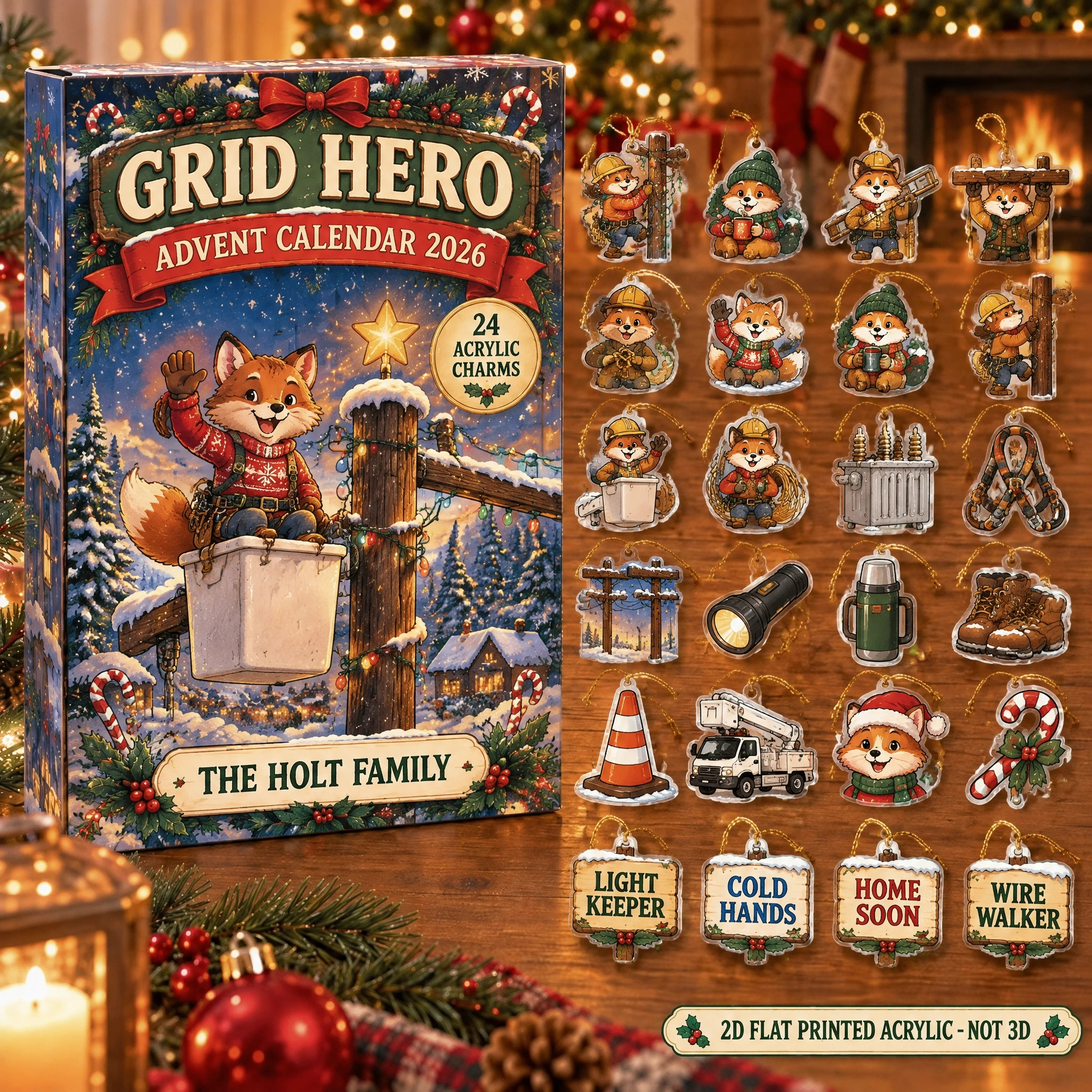 Personalized Lineman Fox advent calendar box with 24 flat acrylic Christmas charms