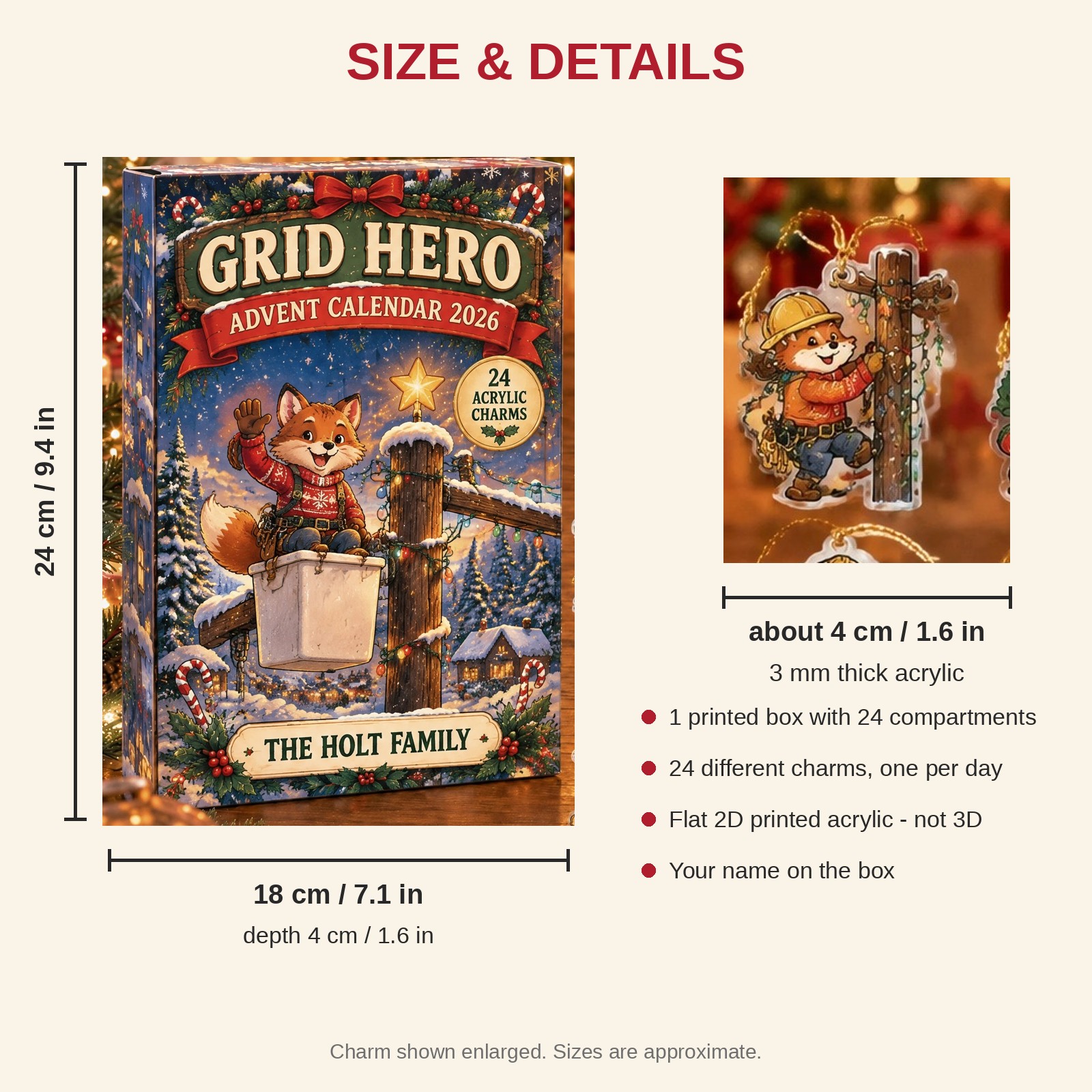 Personalized Lineman Fox advent calendar box with 24 flat acrylic Christmas charms: box and charm sizes