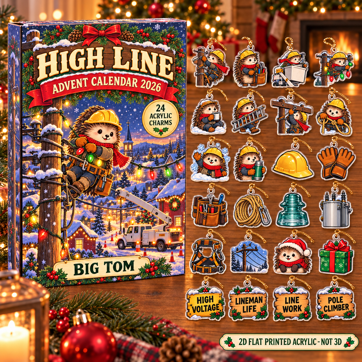 Personalized Lineman Hedgehog advent calendar box with 24 flat acrylic Christmas charms