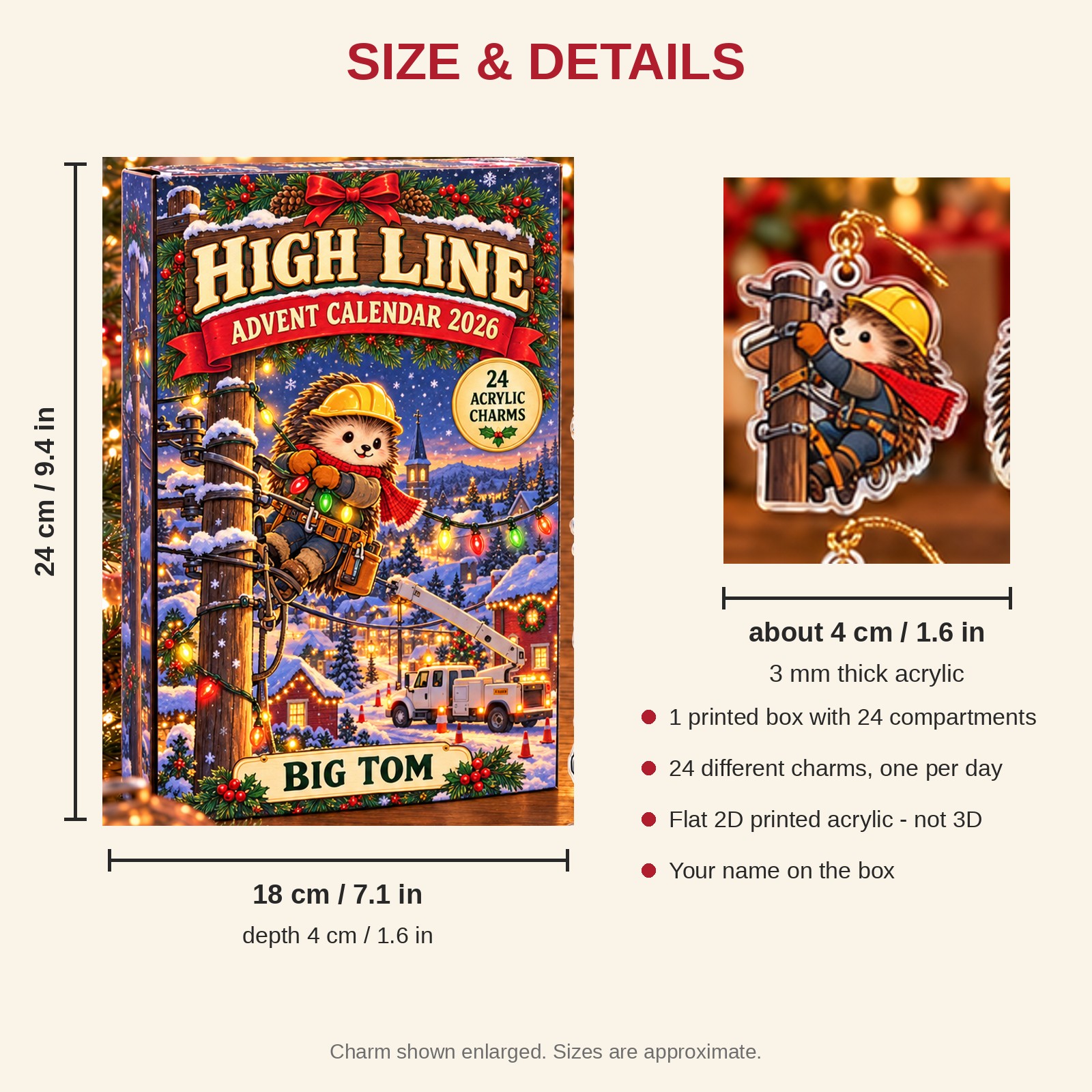 Personalized Lineman Hedgehog advent calendar box with 24 flat acrylic Christmas charms: box and charm sizes