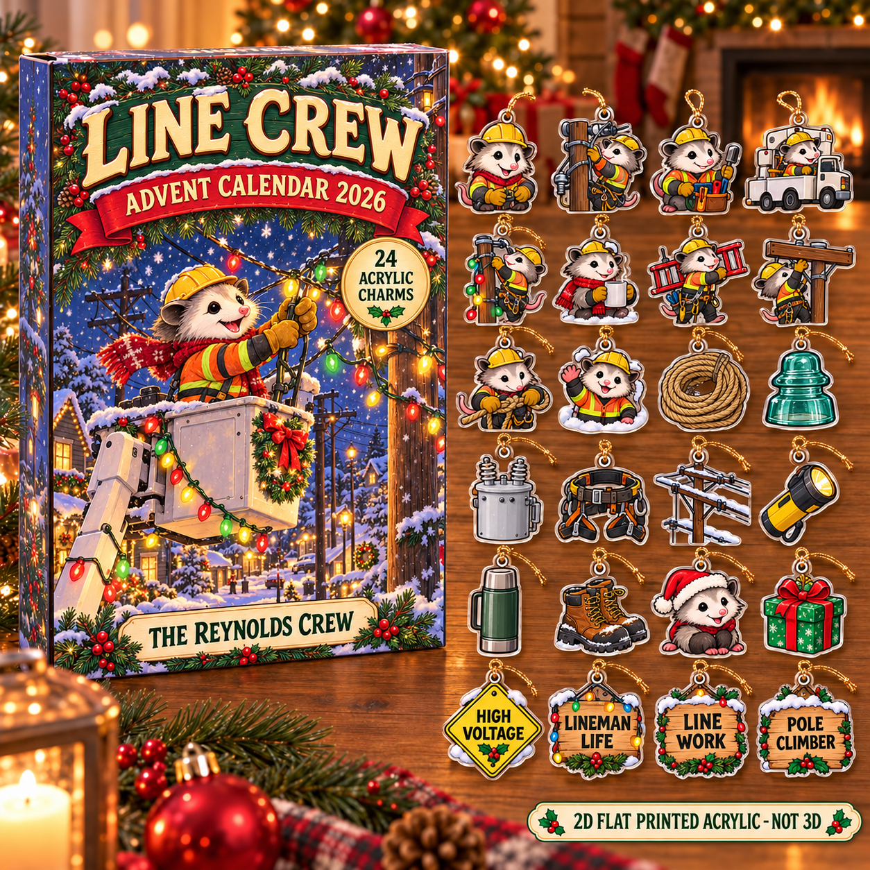 Personalized Lineman Opossum advent calendar box with 24 flat acrylic Christmas charms