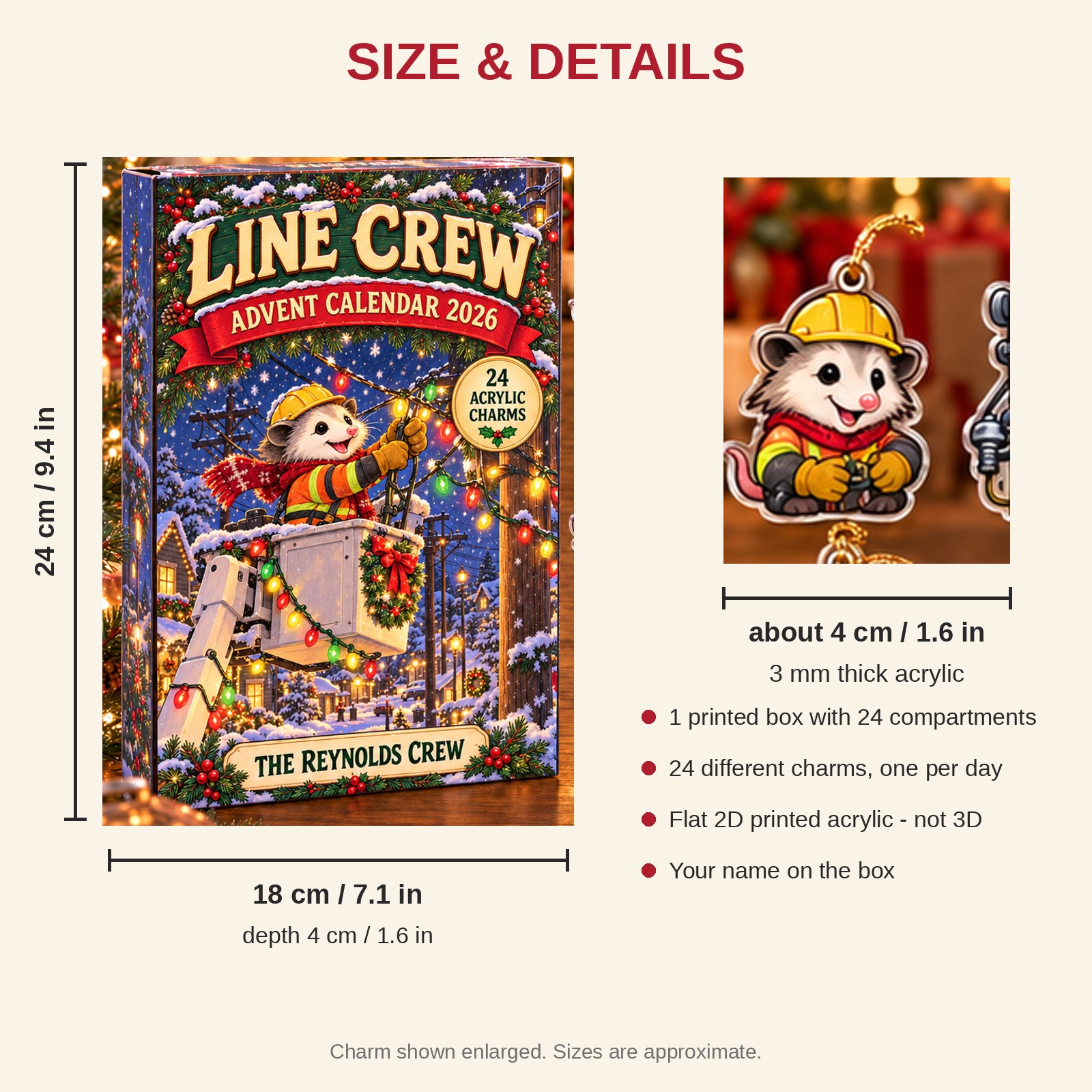 Personalized Lineman Opossum advent calendar box with 24 flat acrylic Christmas charms: box and charm sizes