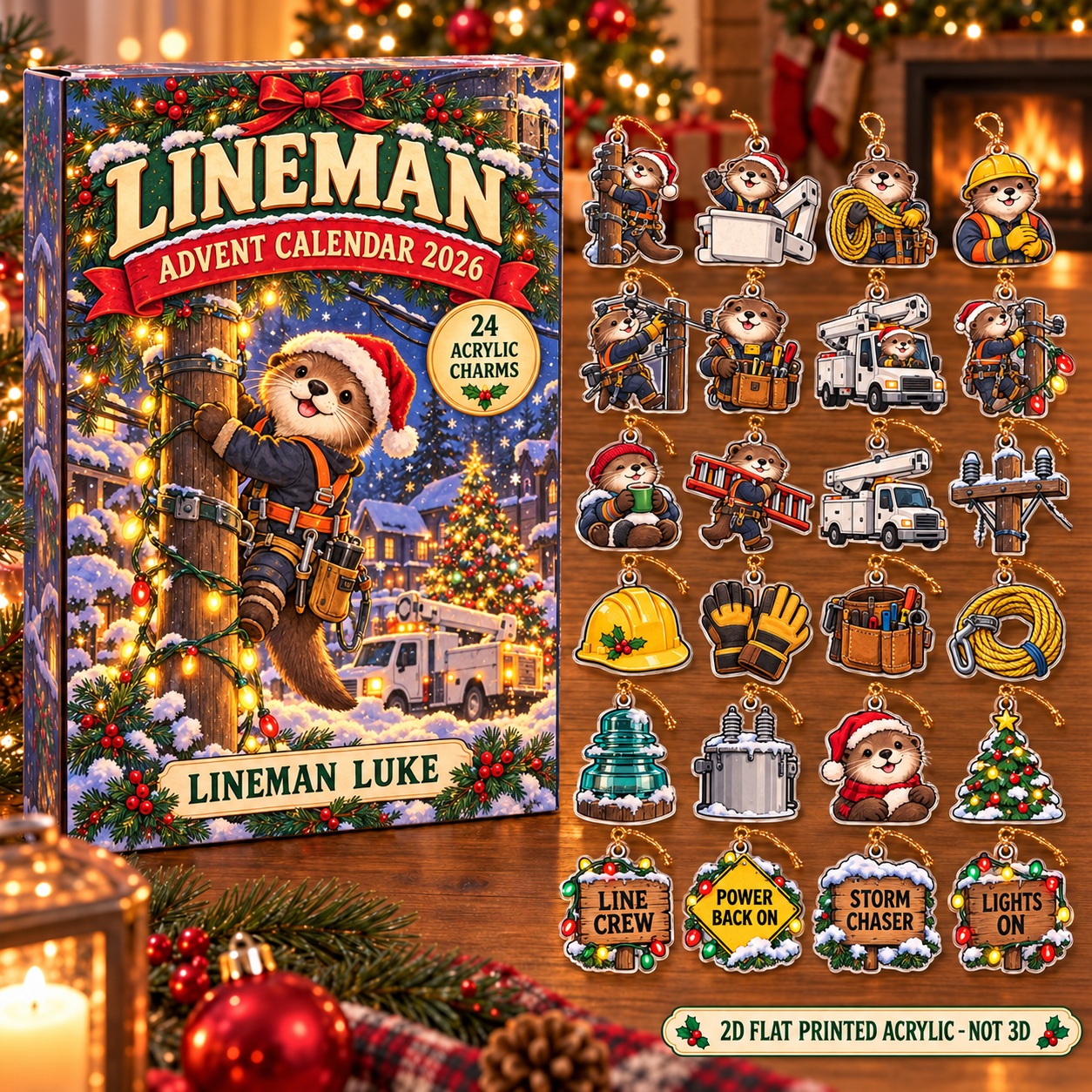 Personalized Lineman Otter advent calendar box with 24 flat acrylic Christmas charms