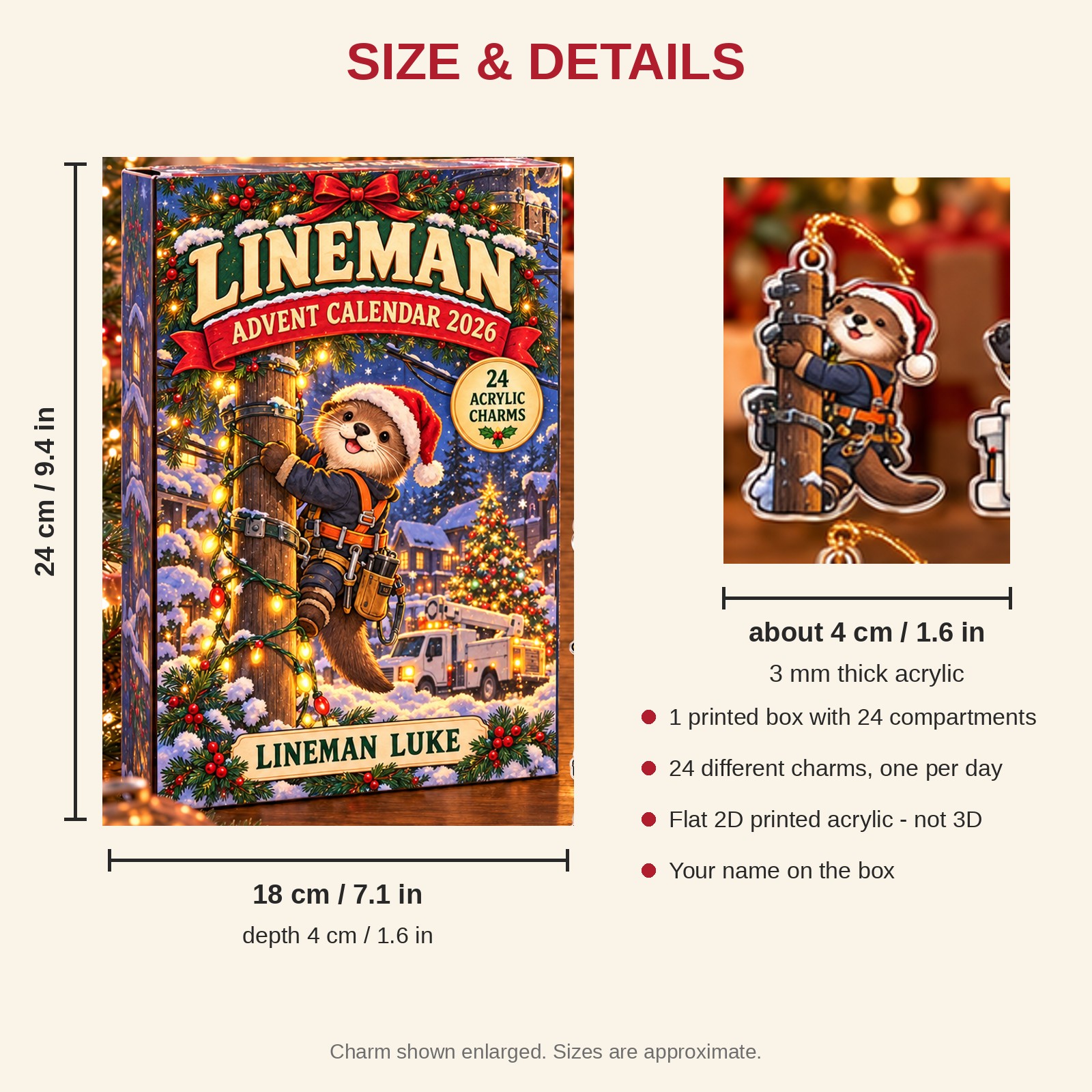Personalized Lineman Otter advent calendar box with 24 flat acrylic Christmas charms: box and charm sizes