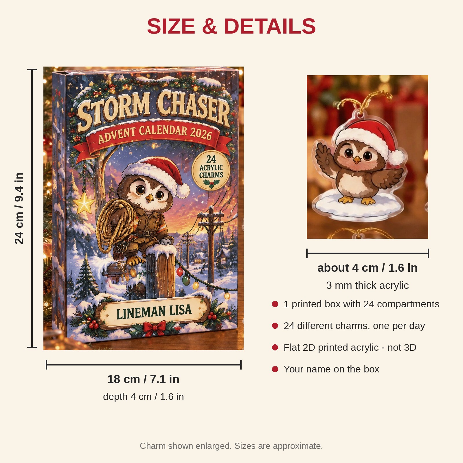Personalized Lineman Owl advent calendar box with 24 flat acrylic Christmas charms: box and charm sizes