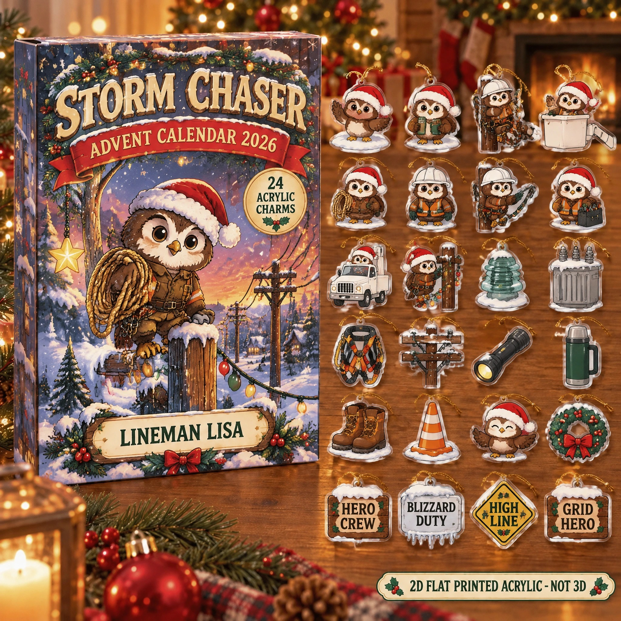 Personalized Lineman Owl advent calendar box with 24 flat acrylic Christmas charms