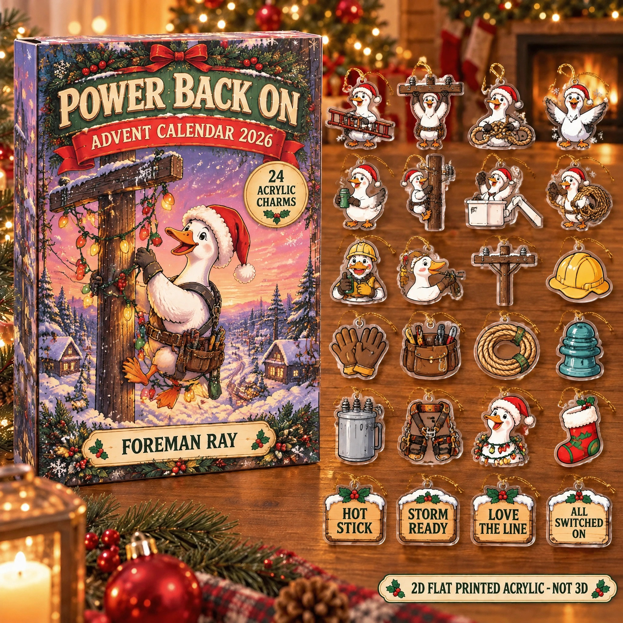 Personalized Lineman Silly Goose advent calendar box with 24 flat acrylic Christmas charms