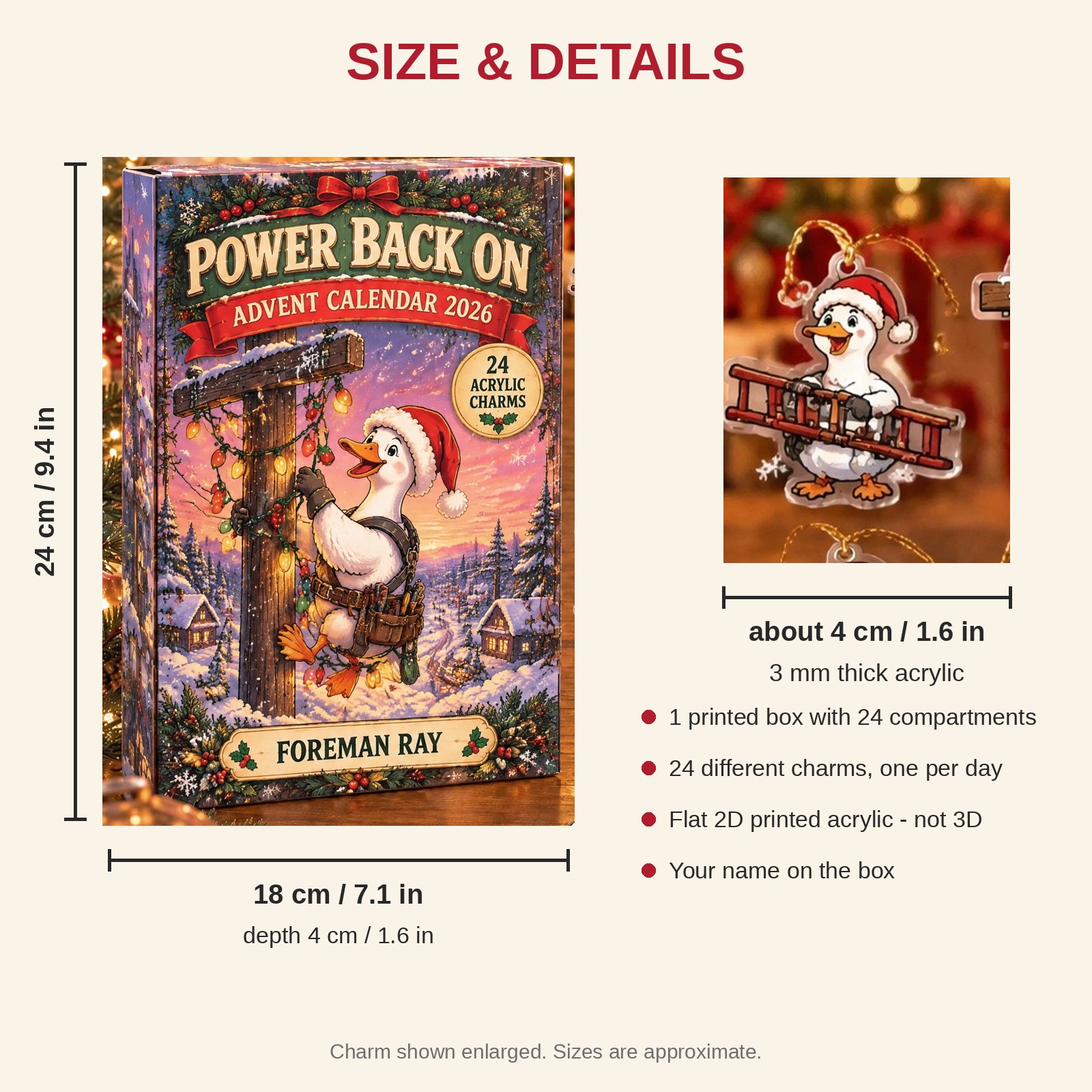Personalized Lineman Silly Goose advent calendar box with 24 flat acrylic Christmas charms: box and charm sizes