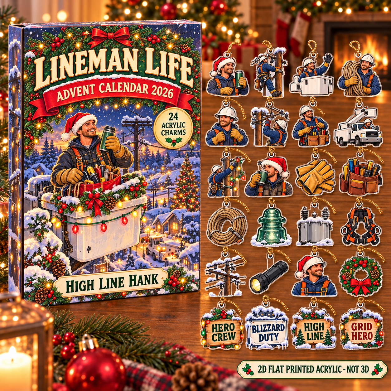 Personalized Lineman Survival Kit advent calendar box with 24 flat acrylic Christmas charms