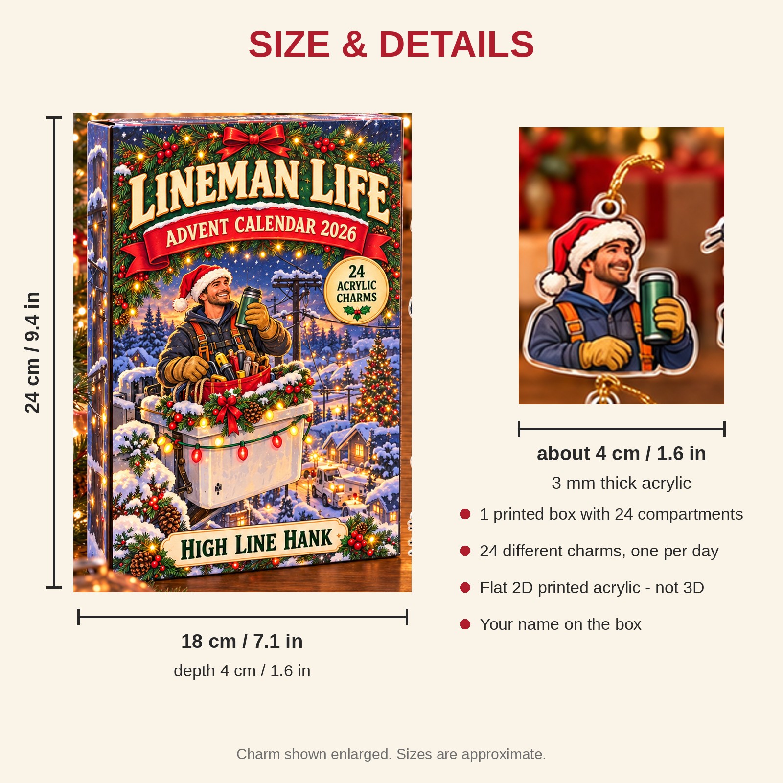 Personalized Lineman Survival Kit advent calendar box with 24 flat acrylic Christmas charms: box and charm sizes