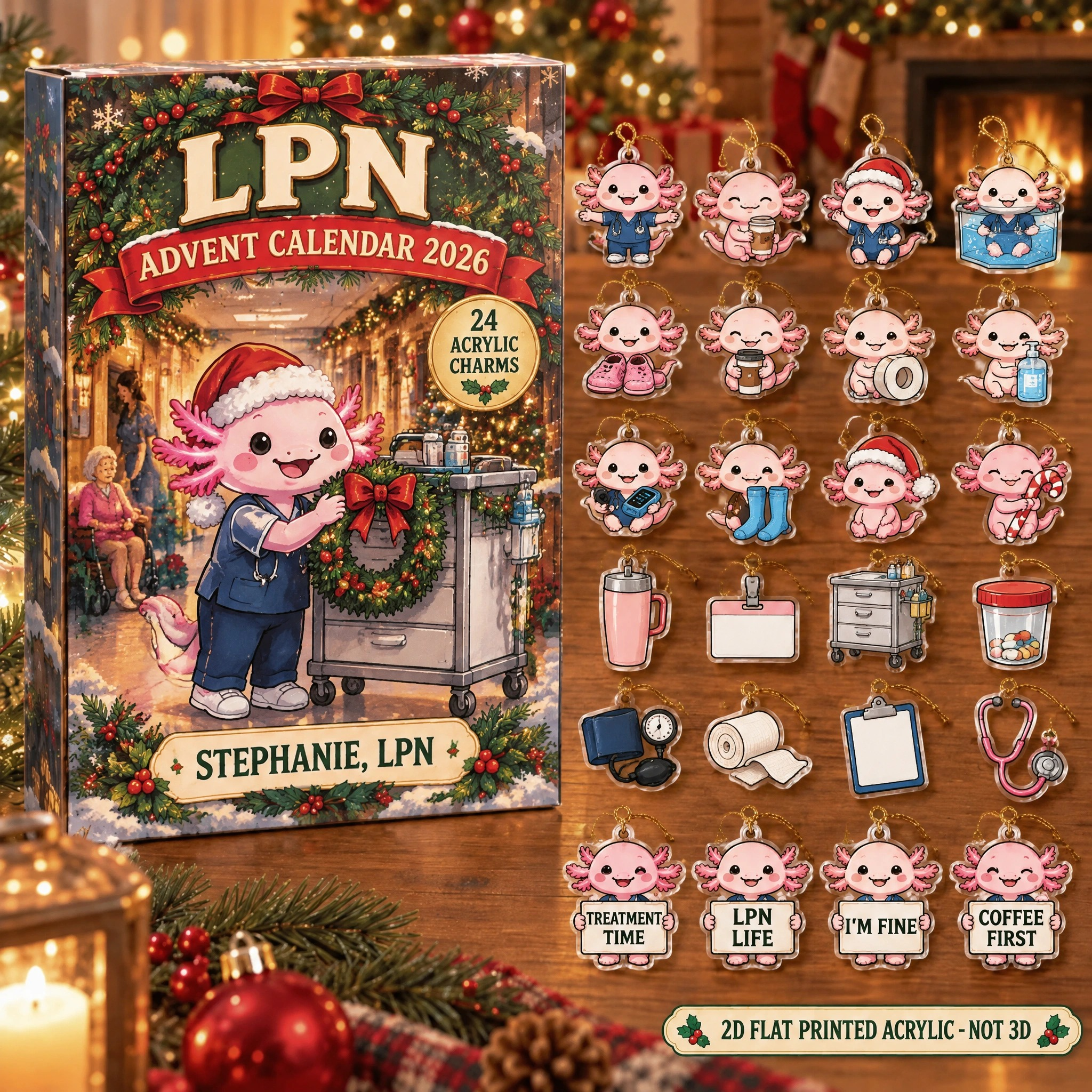 Personalized LPN Axolotl advent calendar box with 24 flat acrylic Christmas charms