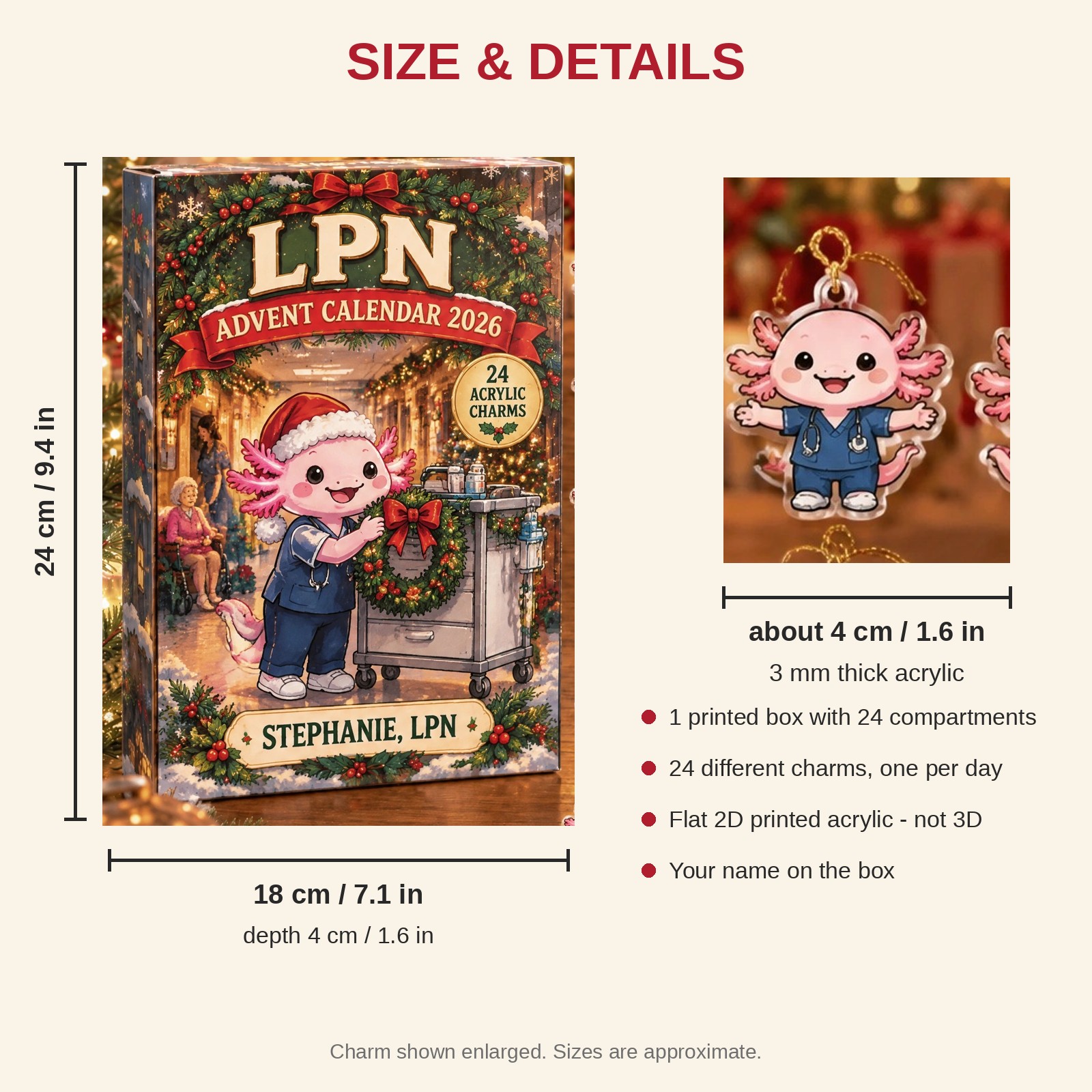 Personalized LPN Axolotl advent calendar box with 24 flat acrylic Christmas charms: box and charm sizes