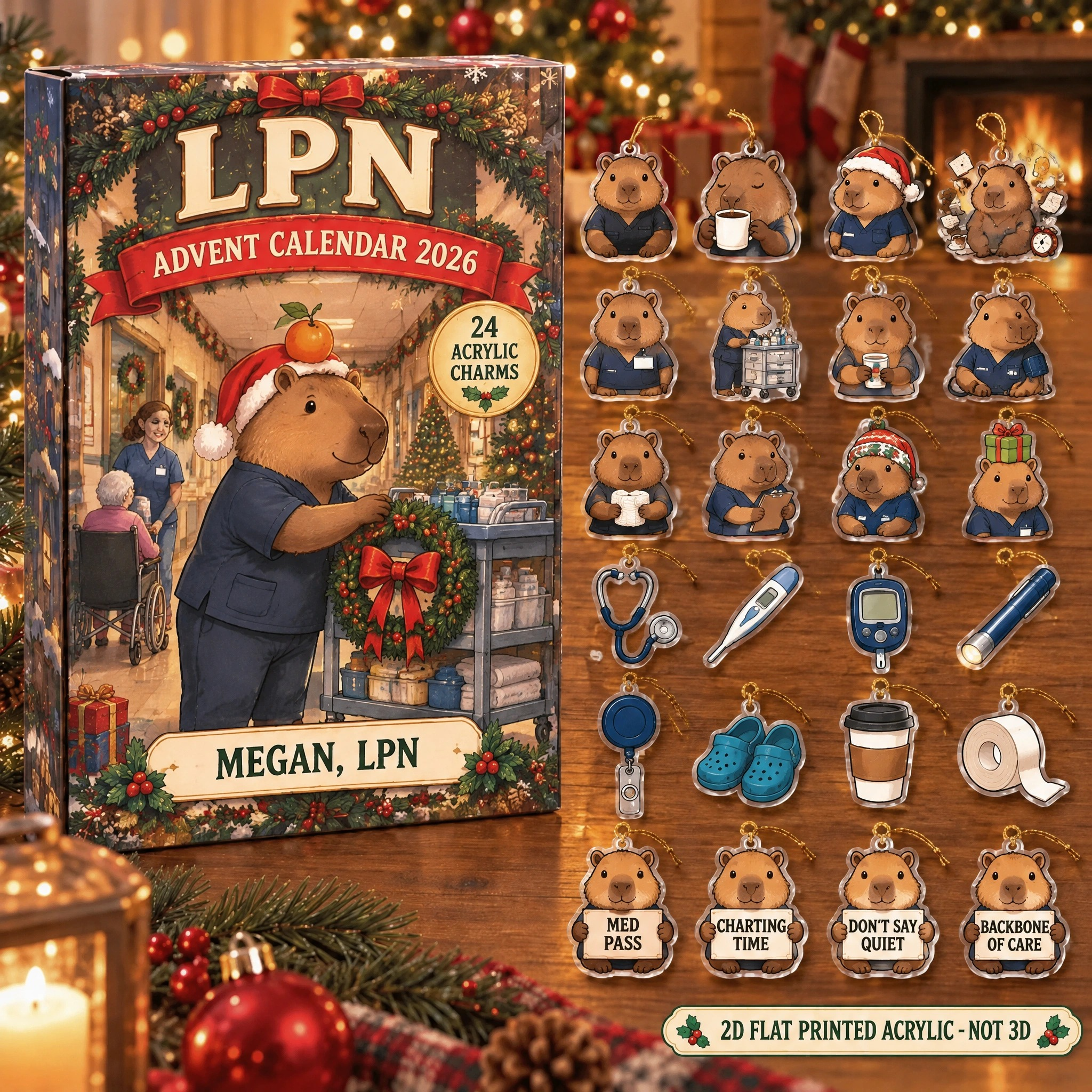 Personalized LPN Capybara advent calendar box with 24 flat acrylic Christmas charms