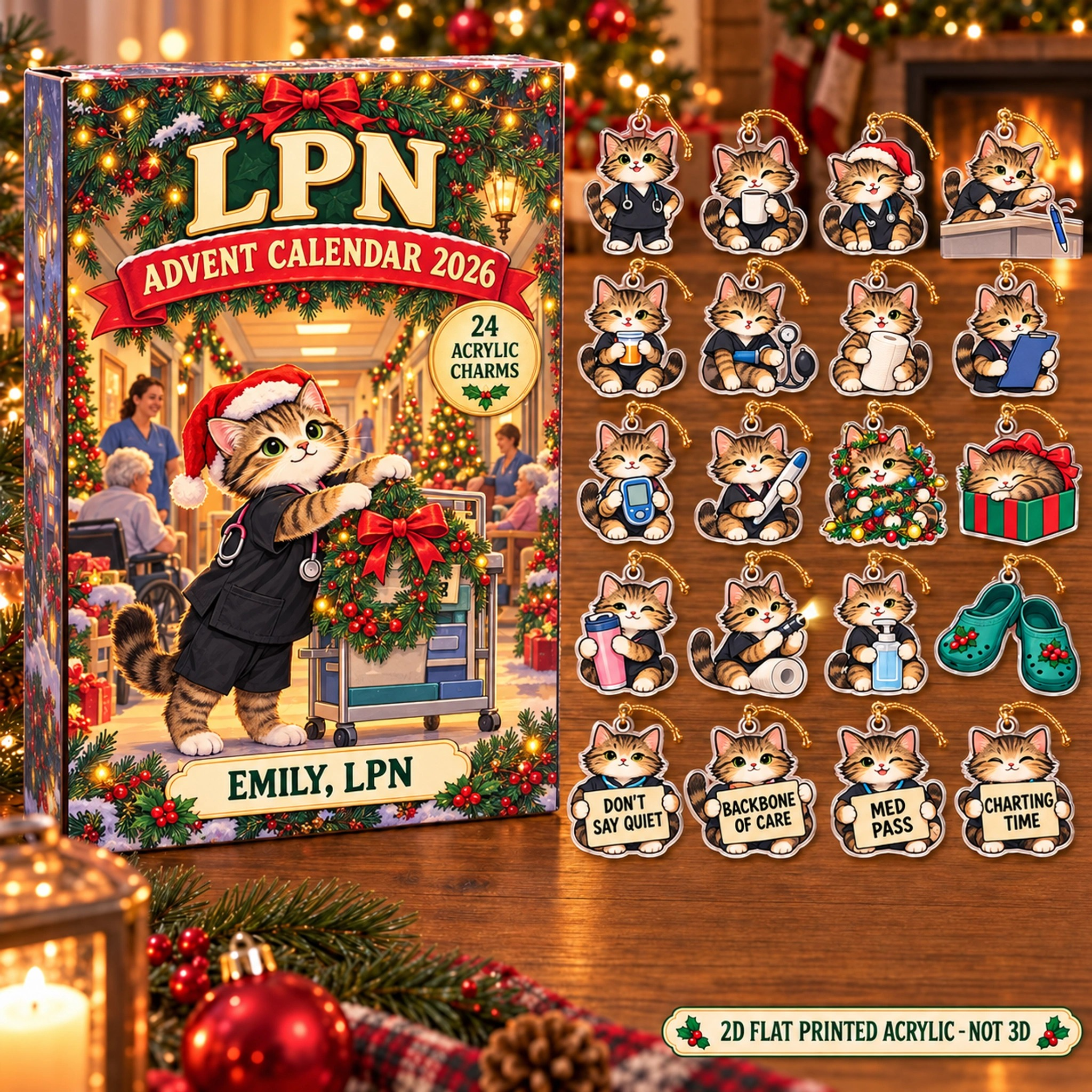 Personalized LPN Cat advent calendar box with 24 flat acrylic Christmas charms