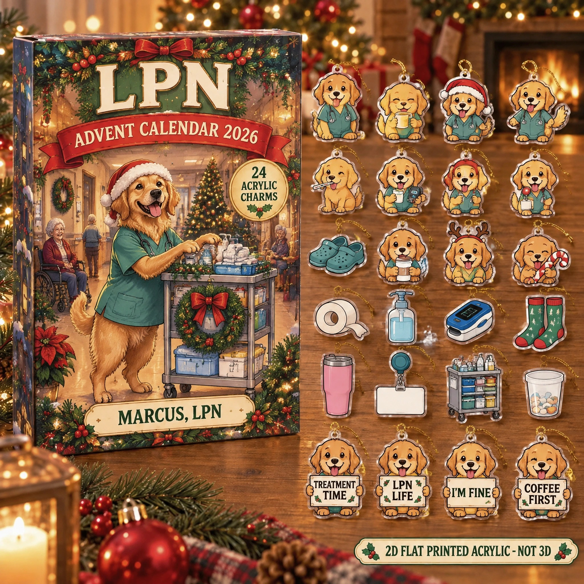 Personalized LPN Dog advent calendar box with 24 flat acrylic Christmas charms