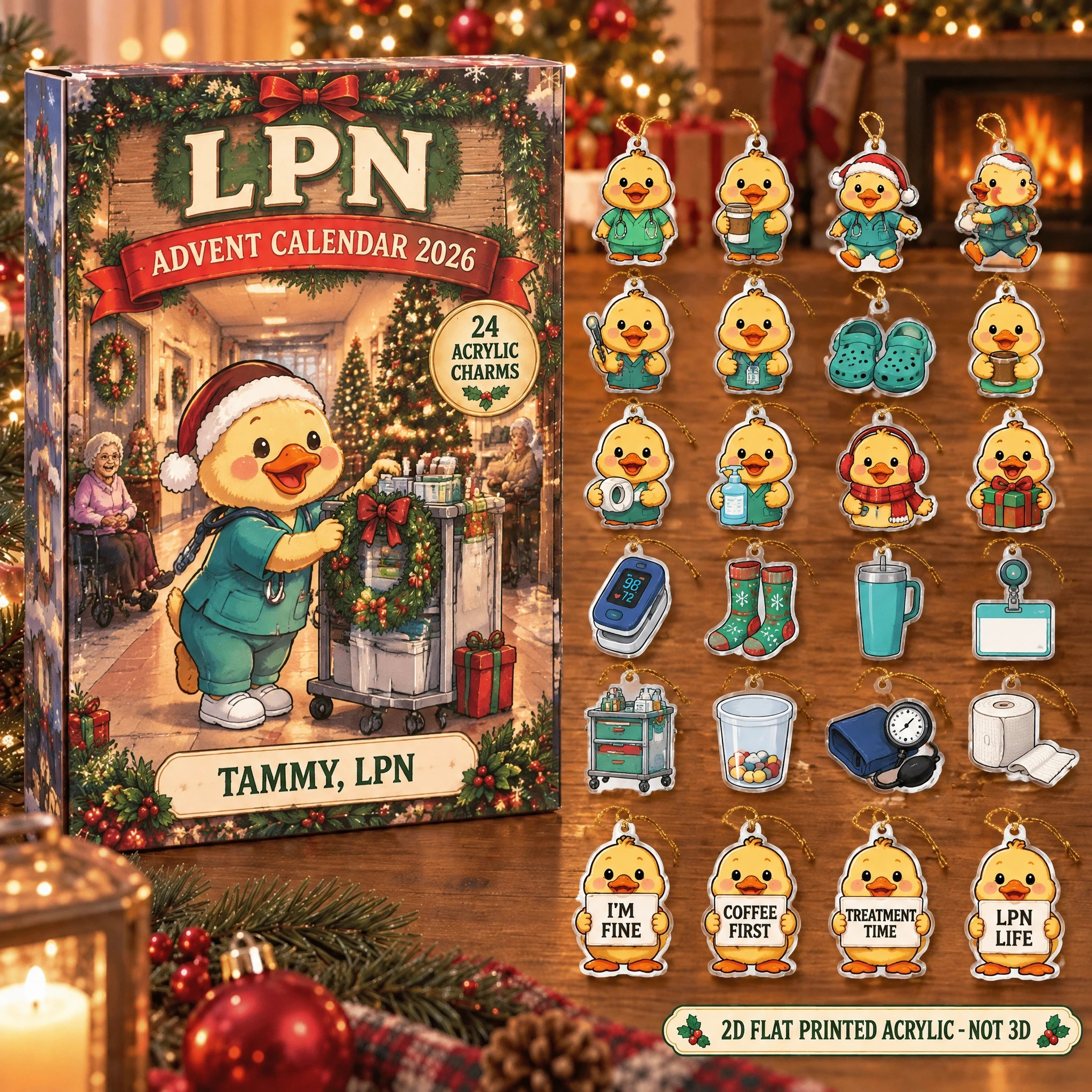 Personalized LPN Duck advent calendar box with 24 flat acrylic Christmas charms