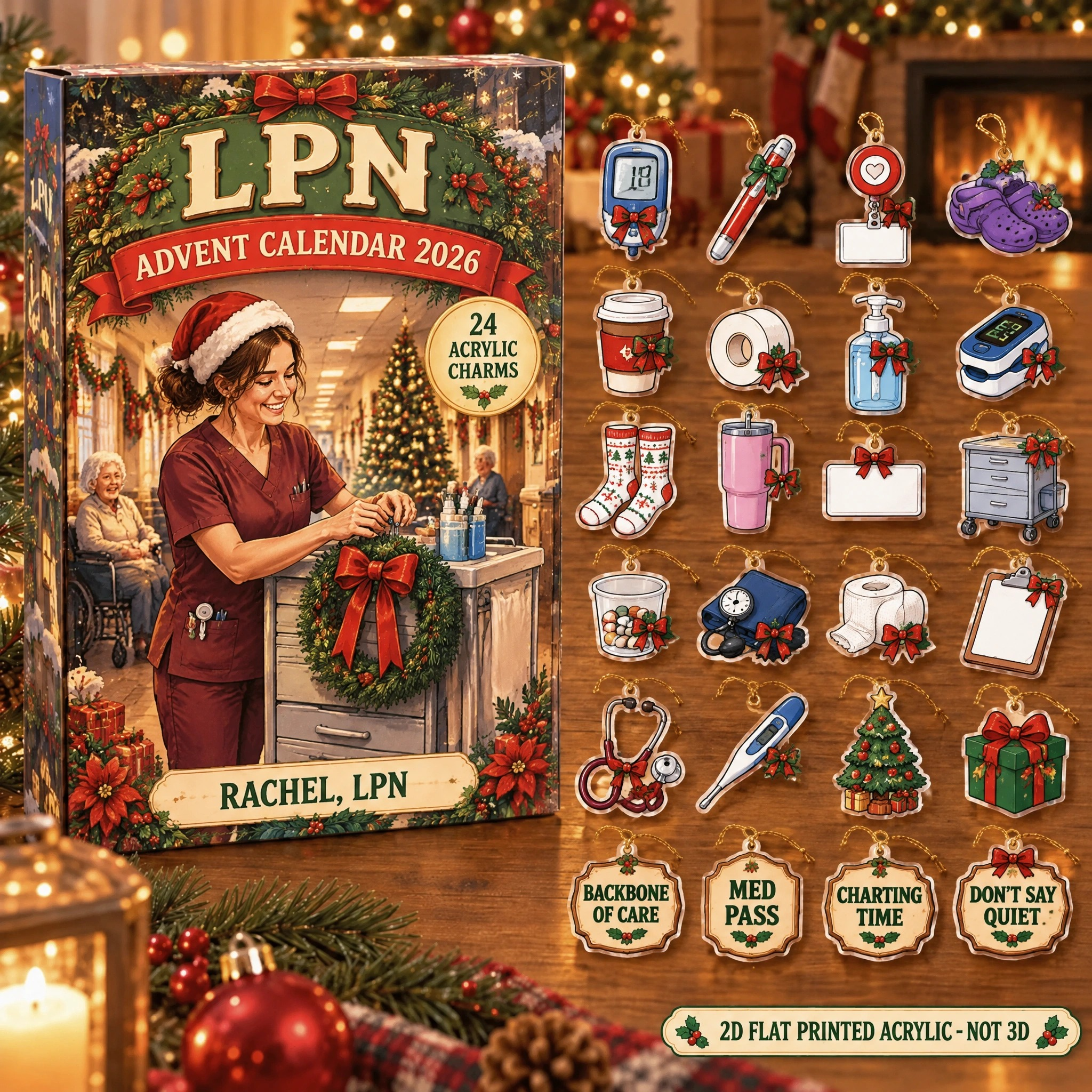 Personalized LPN Essentials advent calendar box with 24 flat acrylic Christmas charms
