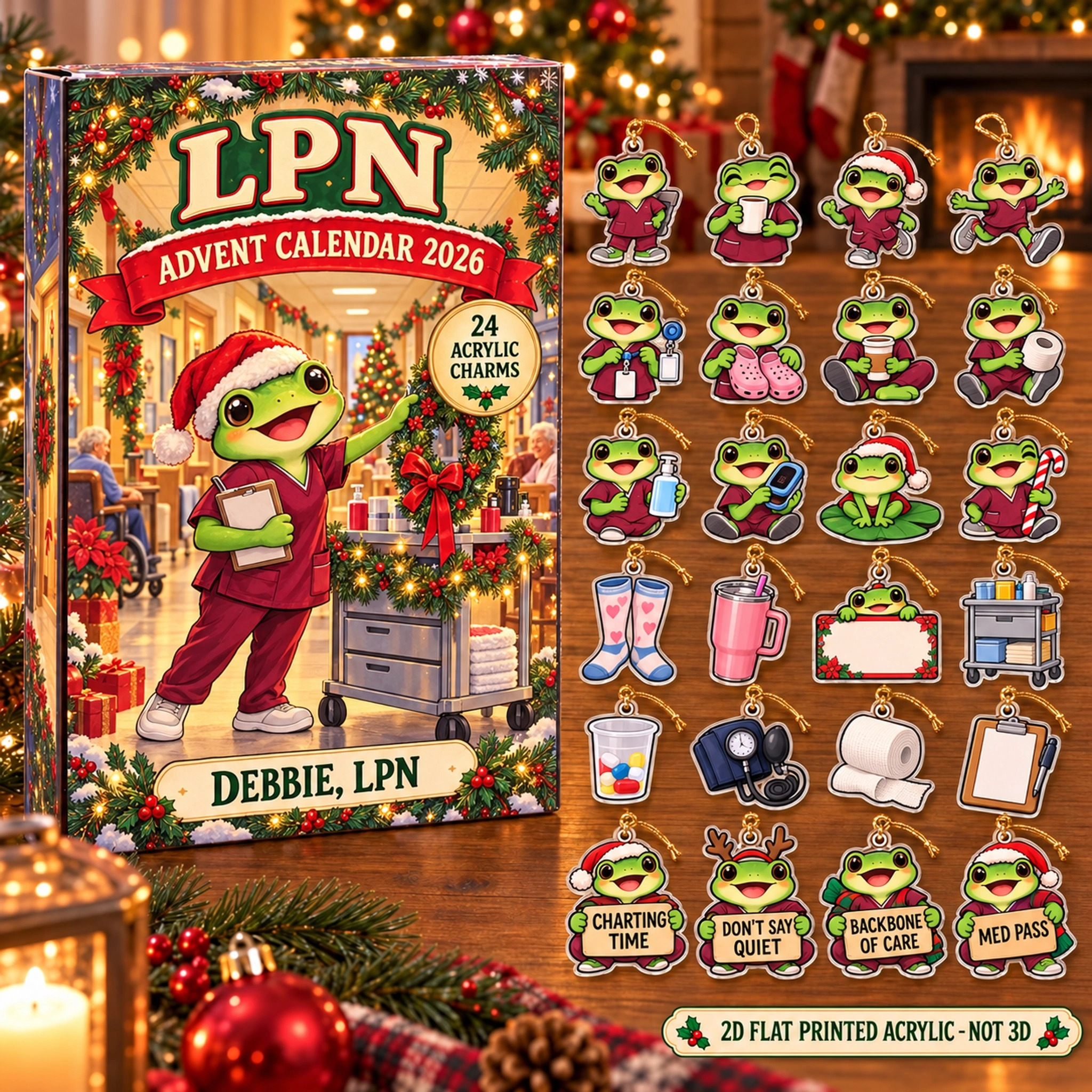 Personalized LPN Frog advent calendar box with 24 flat acrylic Christmas charms