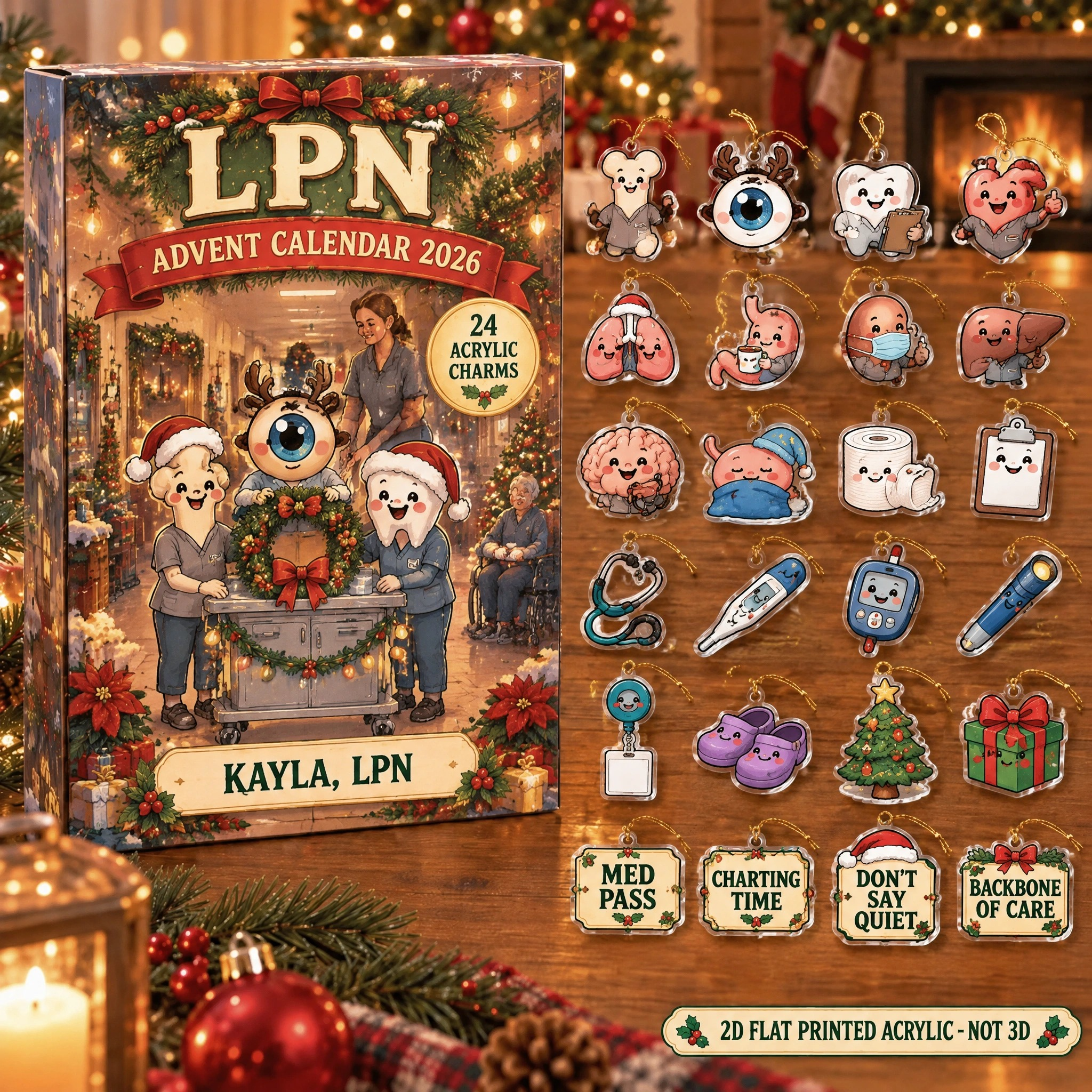 Personalized LPN Funny Anatomy advent calendar box with 24 flat acrylic Christmas charms