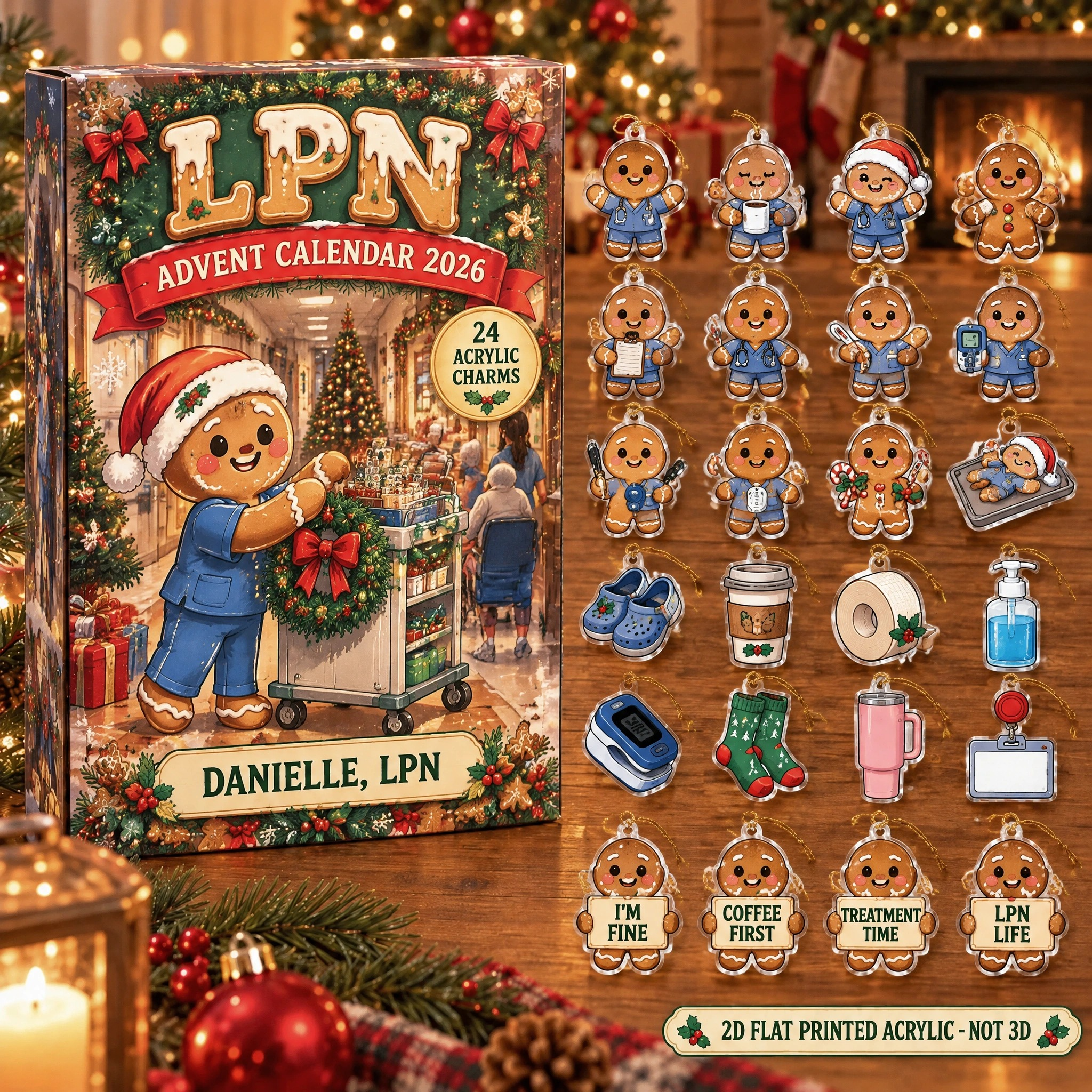 Personalized LPN Gingerbread advent calendar box with 24 flat acrylic Christmas charms