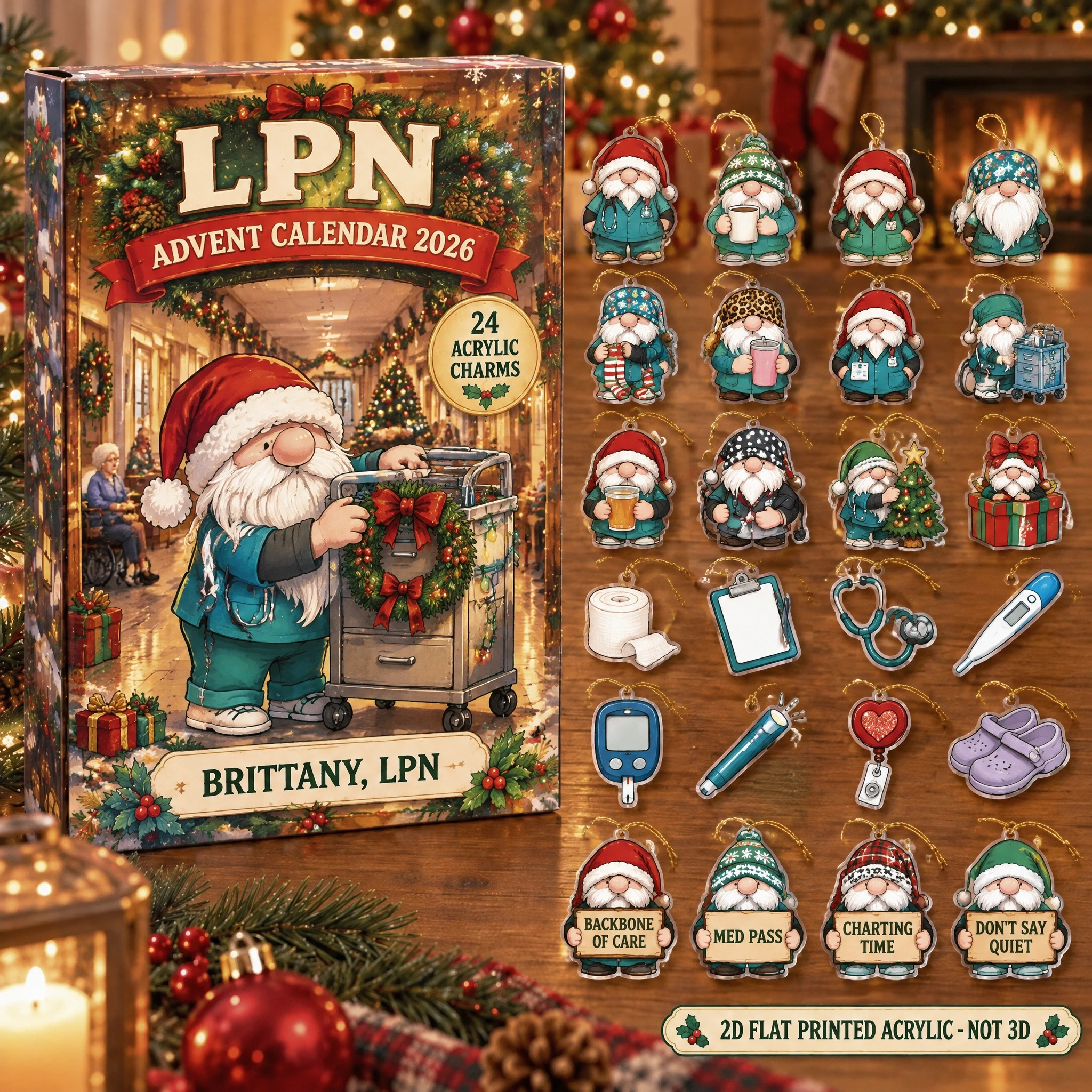 Personalized LPN Gnome advent calendar box with 24 flat acrylic Christmas charms