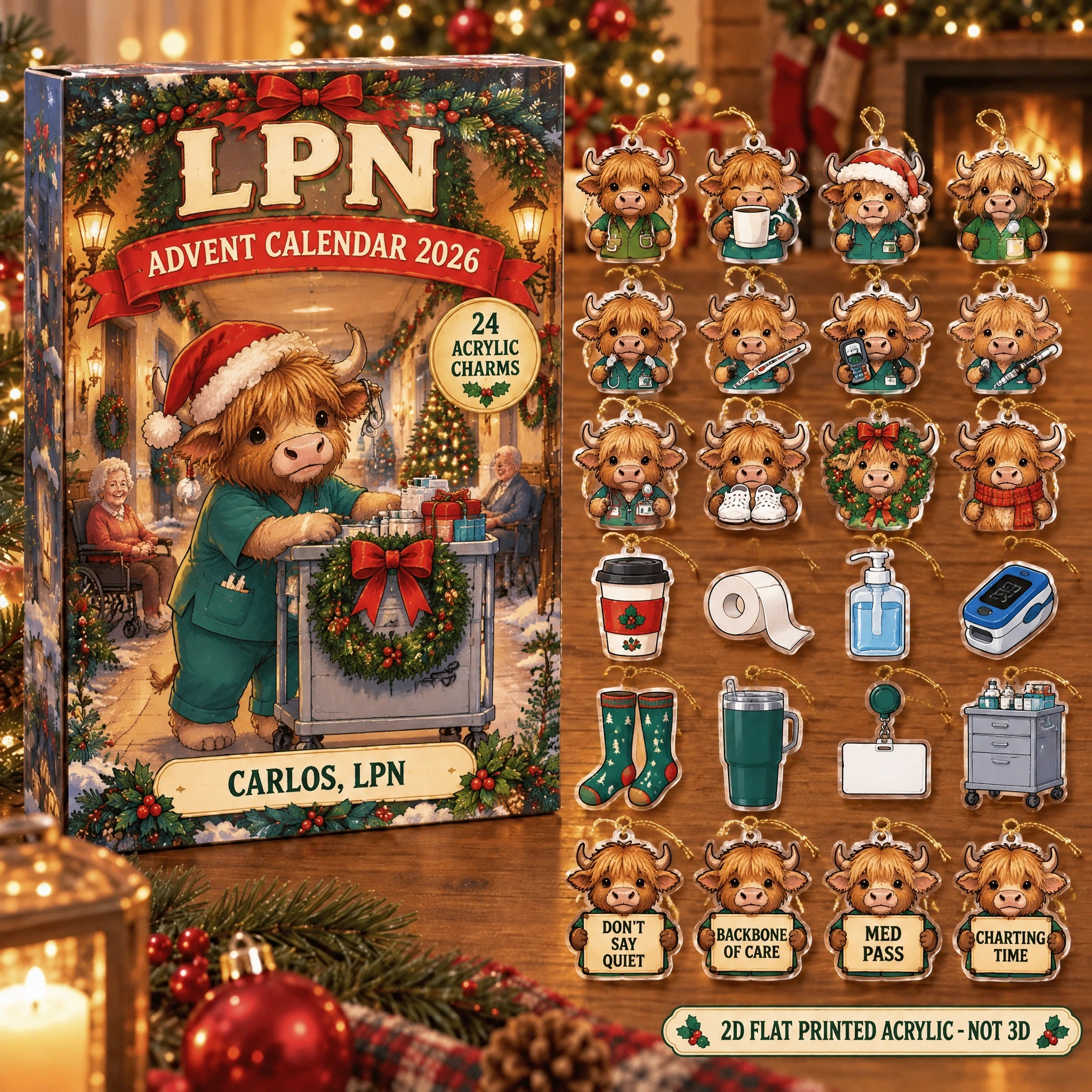 Personalized LPN Highland Cow advent calendar box with 24 flat acrylic Christmas charms