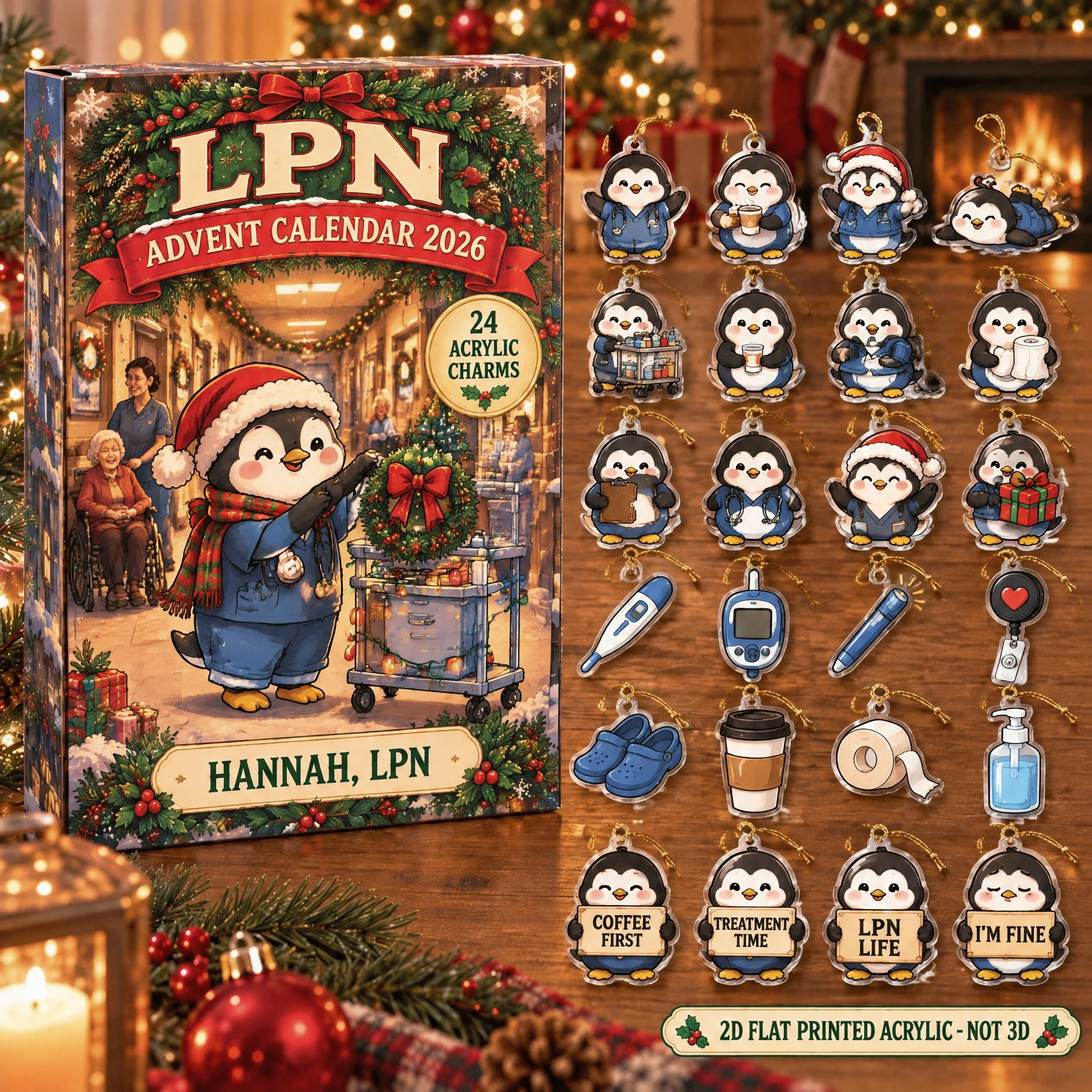 Personalized LPN Penguin advent calendar box with 24 flat acrylic Christmas charms