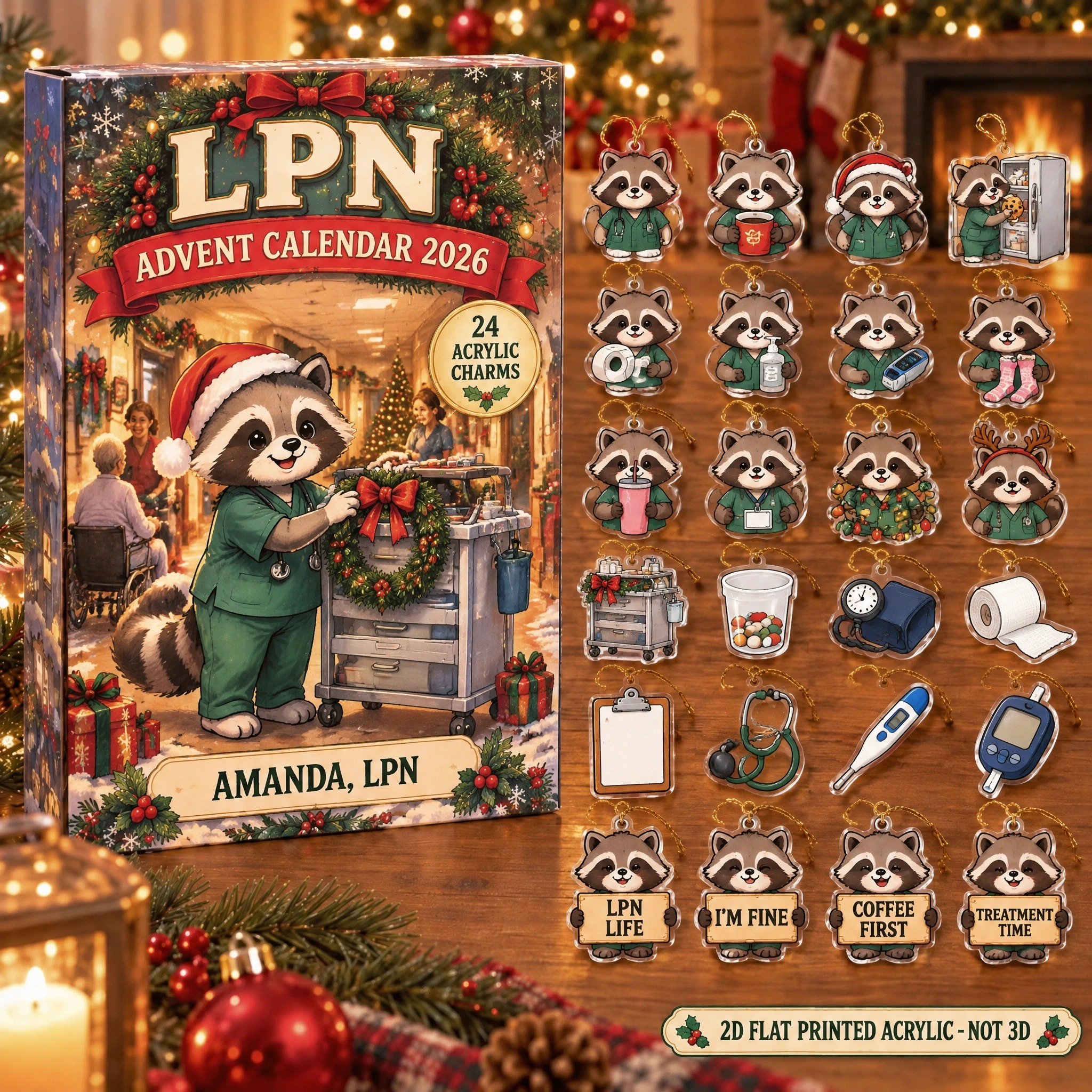Personalized LPN Raccoon advent calendar box with 24 flat acrylic Christmas charms