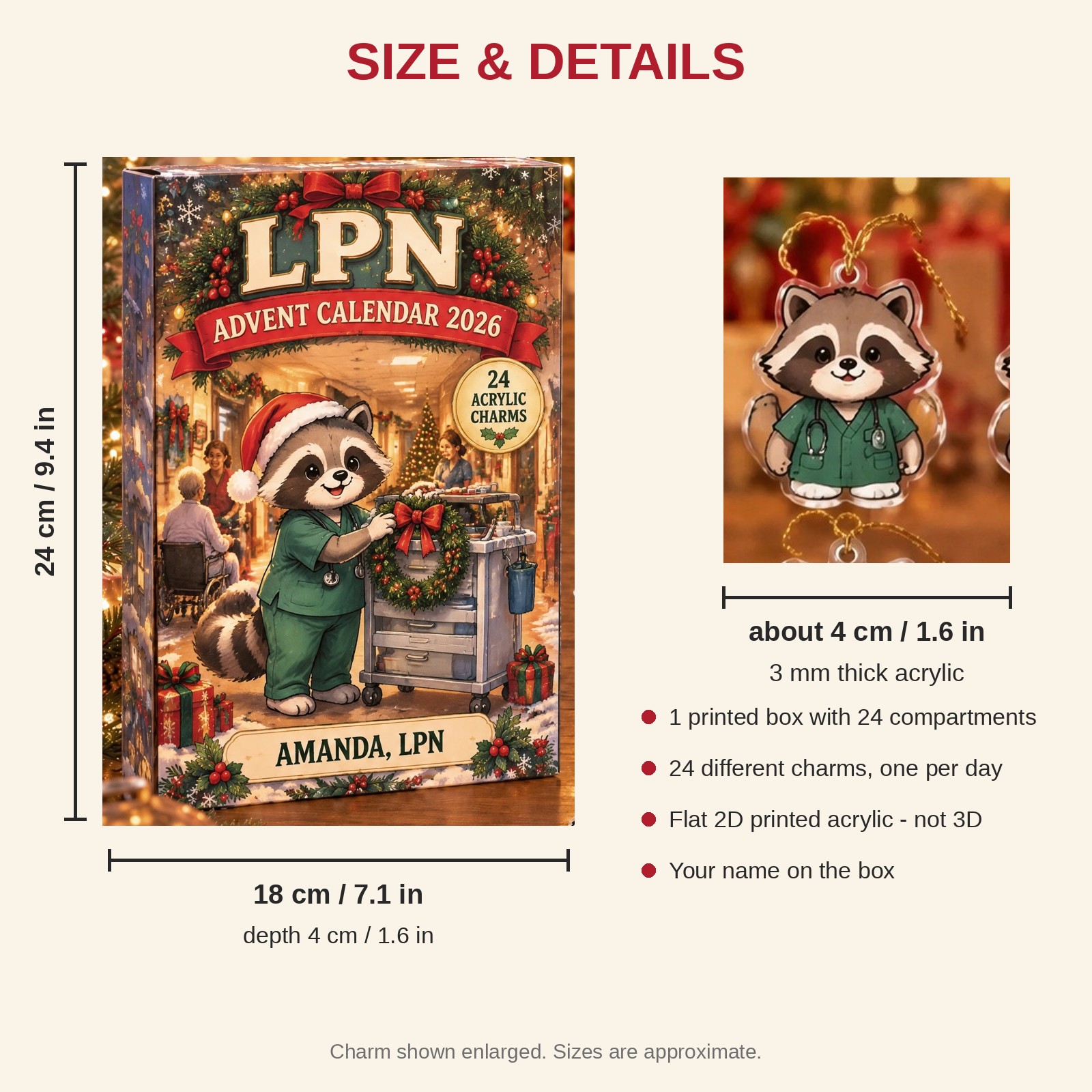 Personalized LPN Raccoon advent calendar box with 24 flat acrylic Christmas charms: box and charm sizes